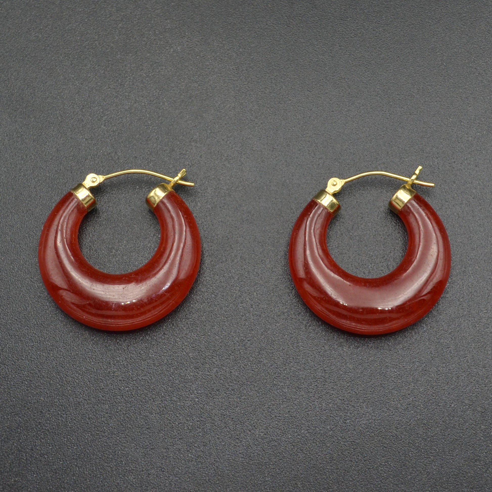 Vintage Chunky Red Jadeite Jade And 14k Gold Hoop Earrings