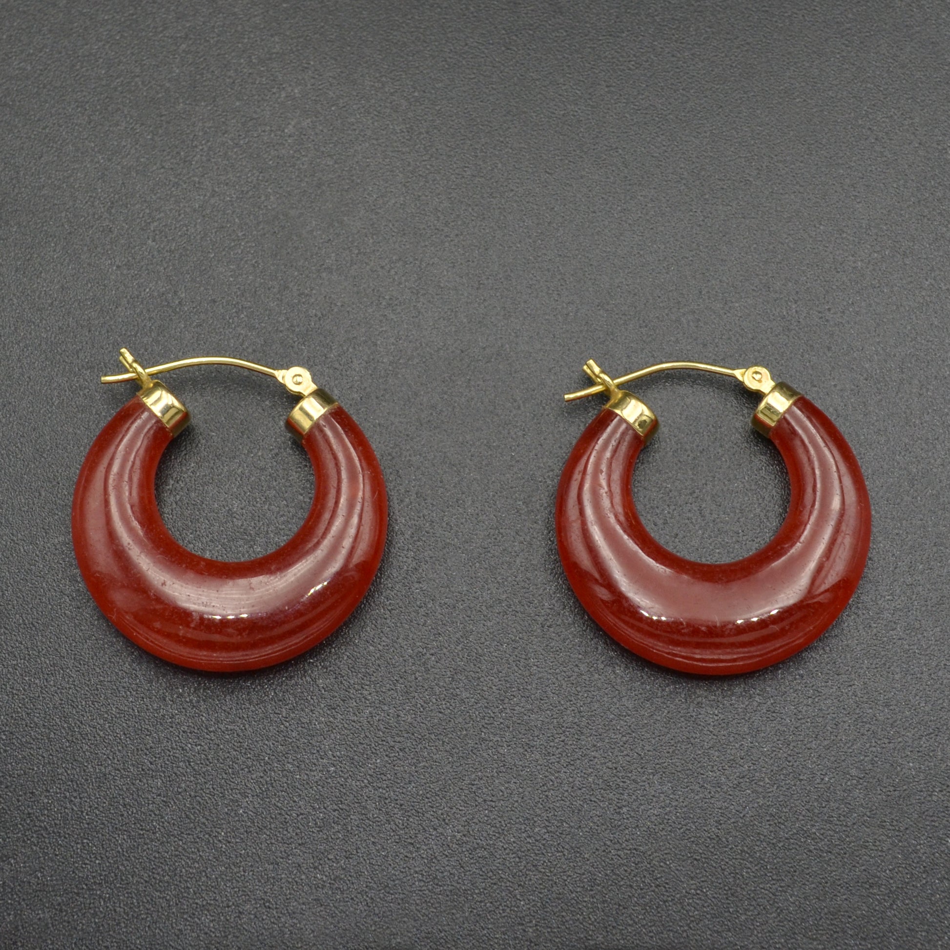 Vintage Chunky Red Jadeite Jade And 14k Gold Hoop Earrings