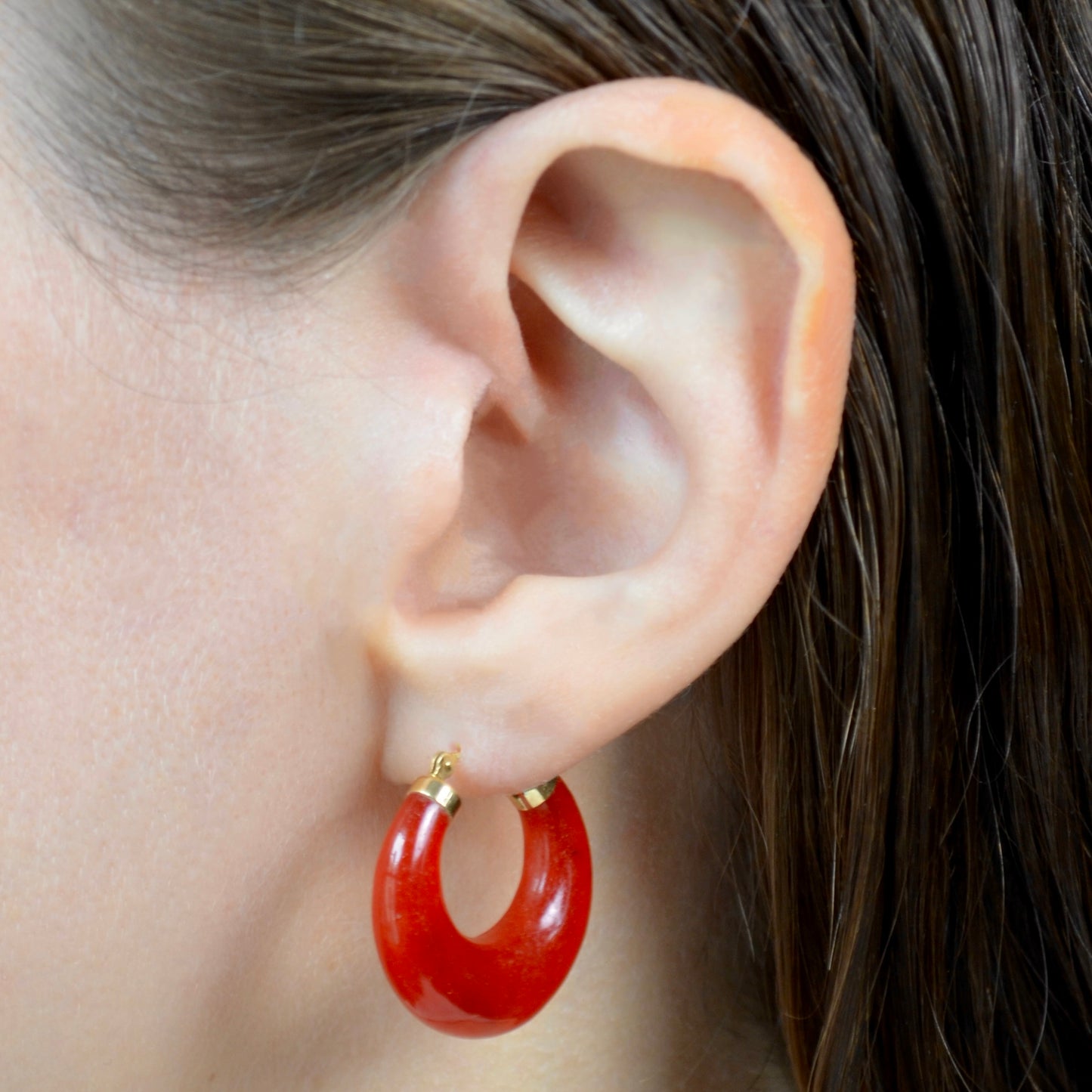 Vintage Chunky Red Jadeite Jade And 14k Gold Hoop Earrings