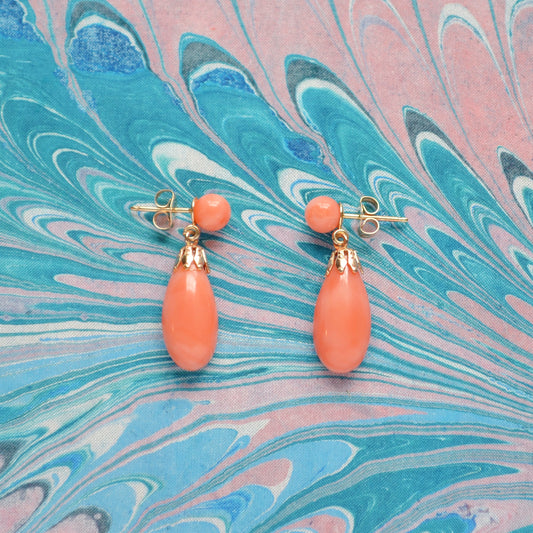 Vintage Pink Coral and 14k Gold Drop Earrings