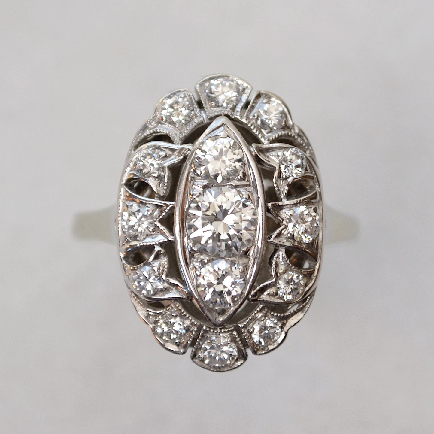 Antique 14k Gold Diamond Navette Shaped Dinner Ring