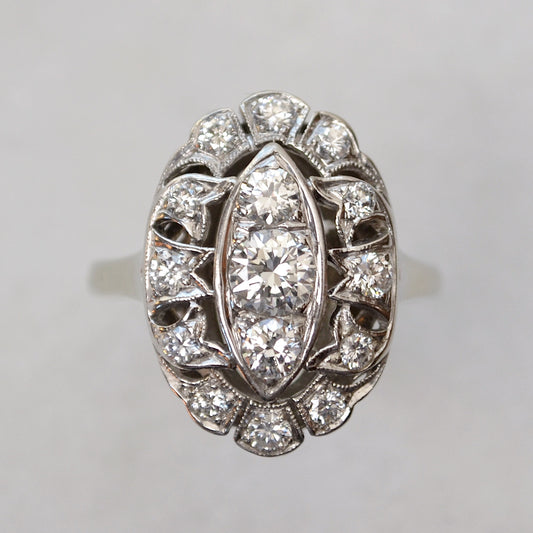 Antique 14k Gold Diamond Navette Shaped Dinner Ring