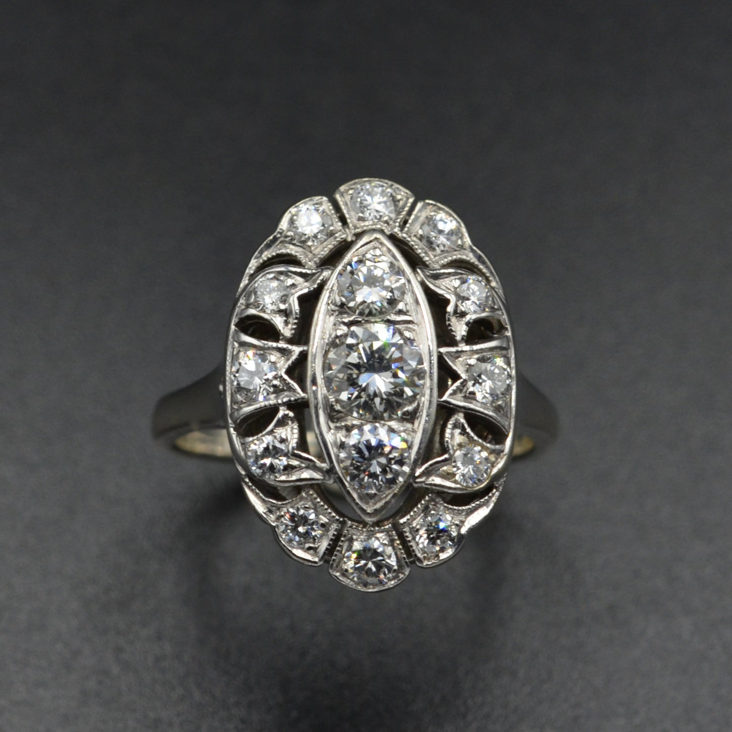 Antique 14k Gold Diamond Navette Shaped Dinner Ring