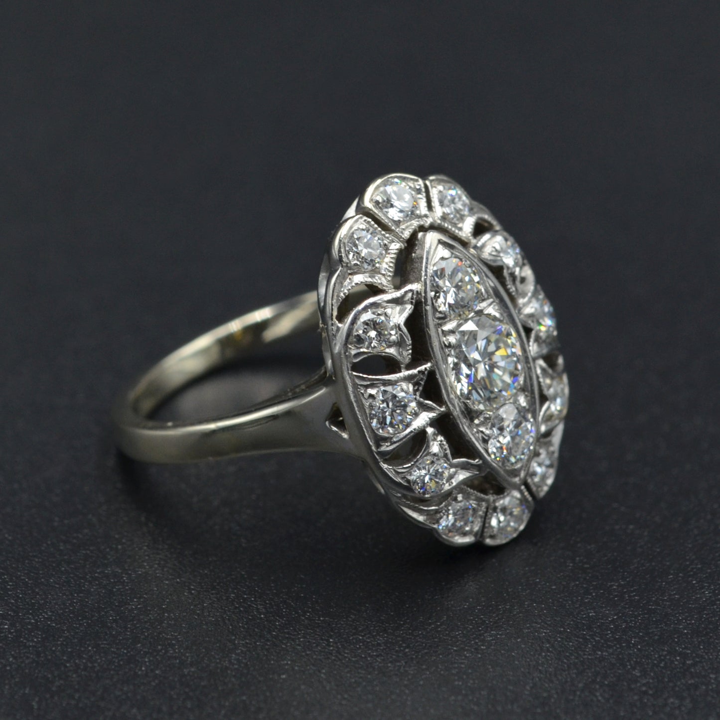 Antique 14k Gold Diamond Navette Shaped Dinner Ring