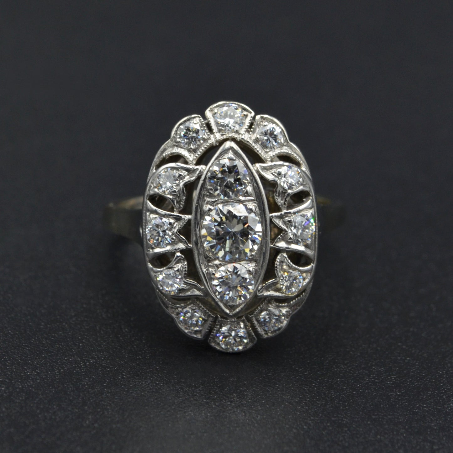 Antique 14k Gold Diamond Navette Shaped Dinner Ring