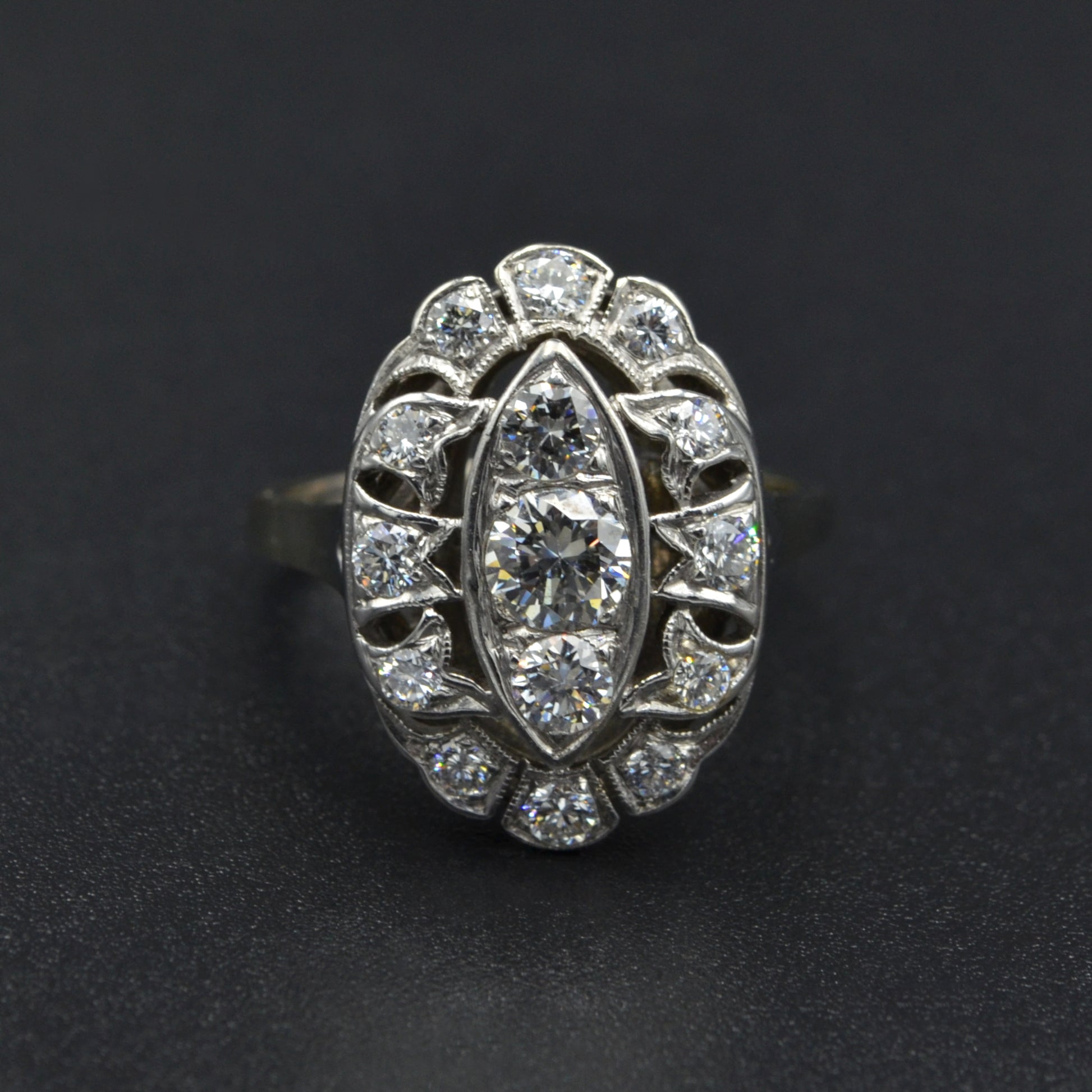 Antique 14k Gold Diamond Navette Shaped Dinner Ring