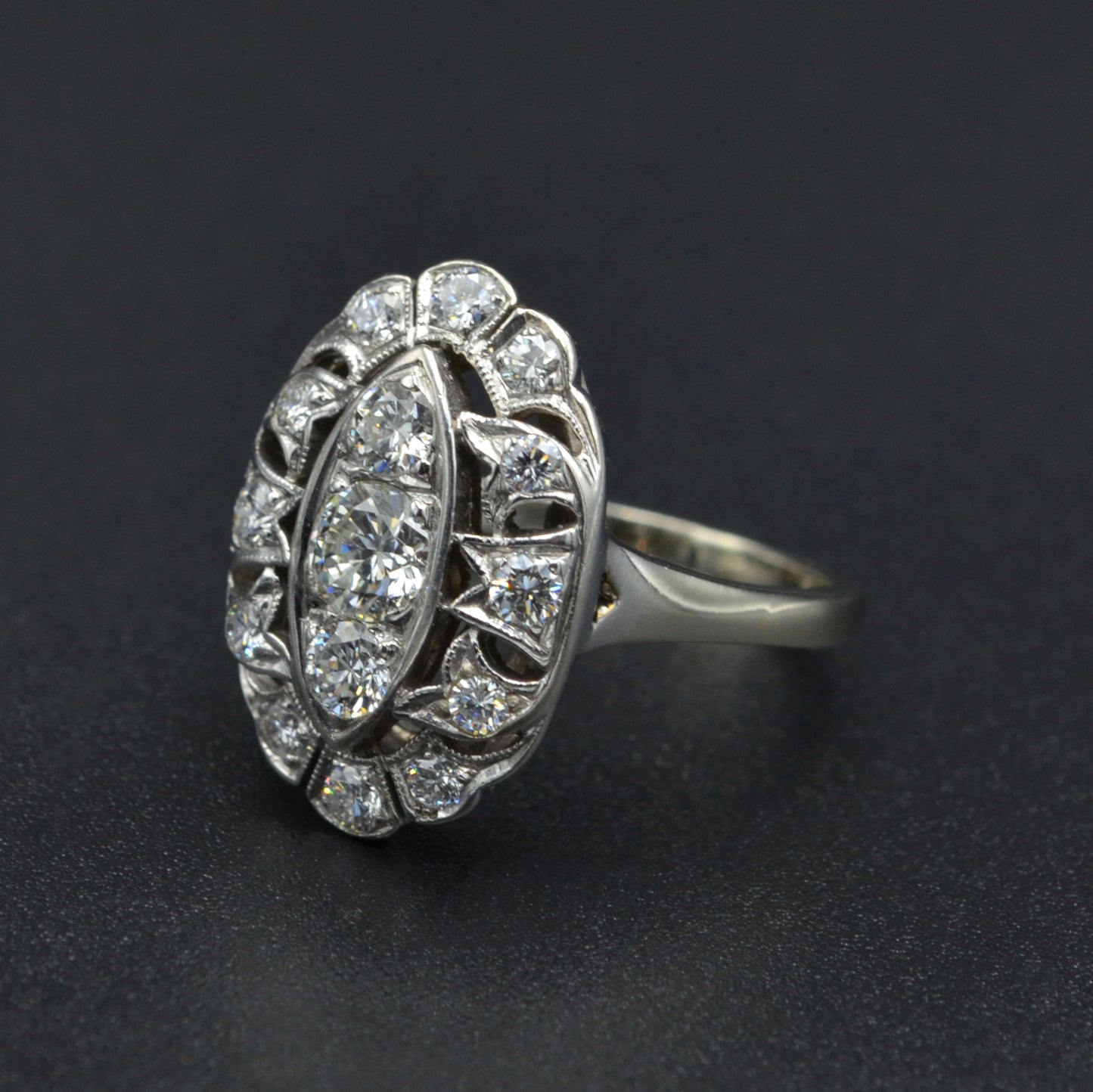 Antique 14k Gold Diamond Navette Shaped Dinner Ring