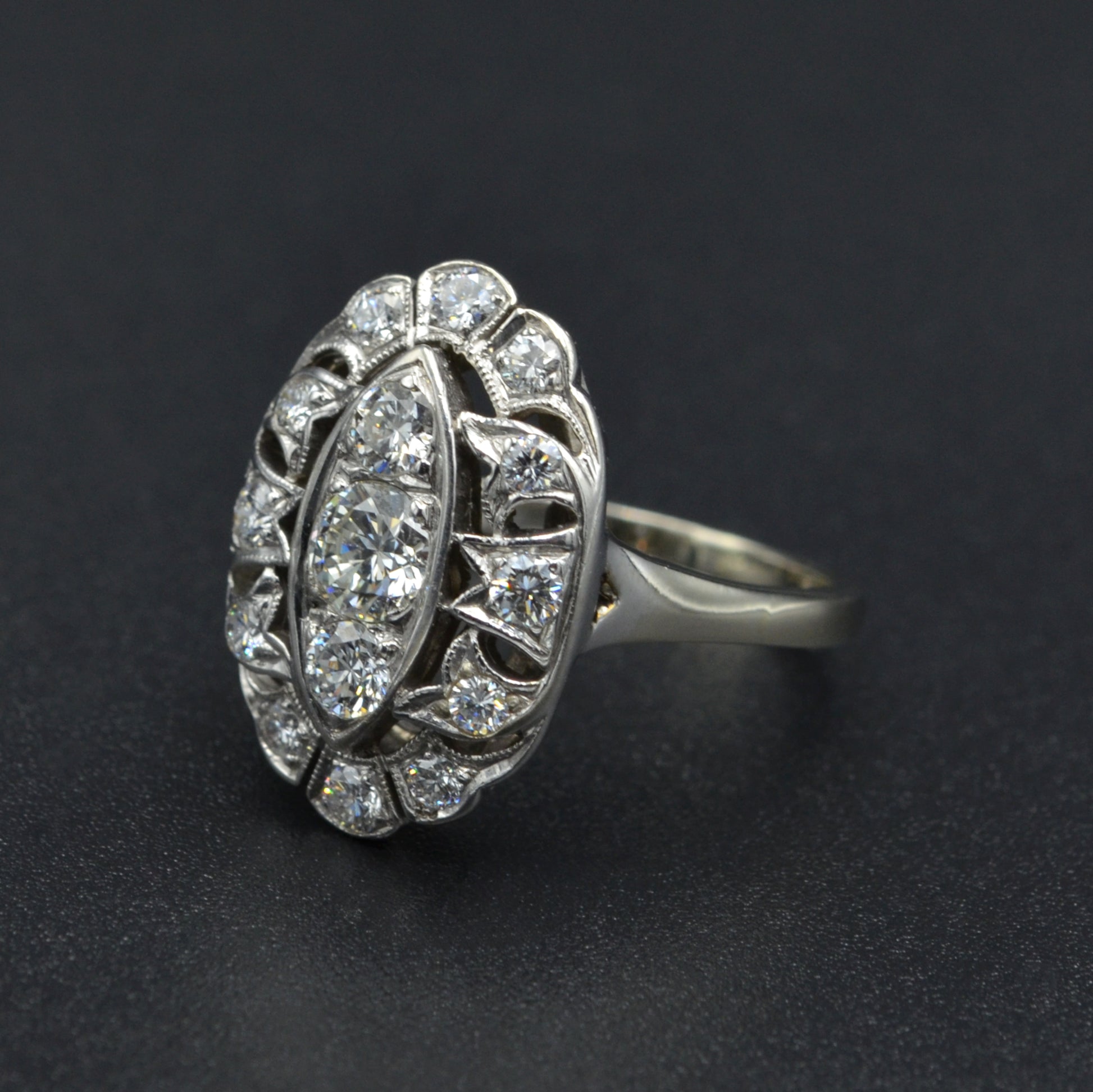 Antique 14k Gold Diamond Navette Shaped Dinner Ring