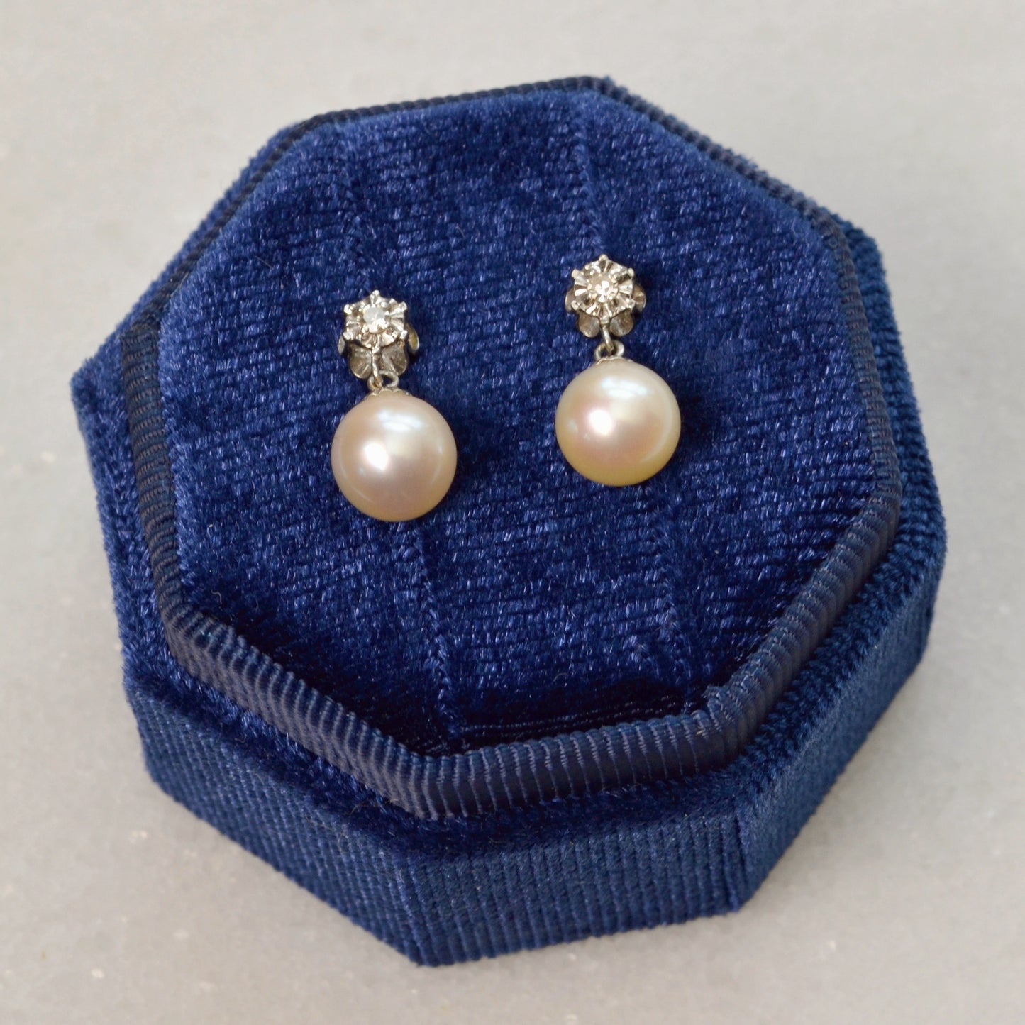 Vintage Pearl, Diamond and 14k White Gold Earrings
