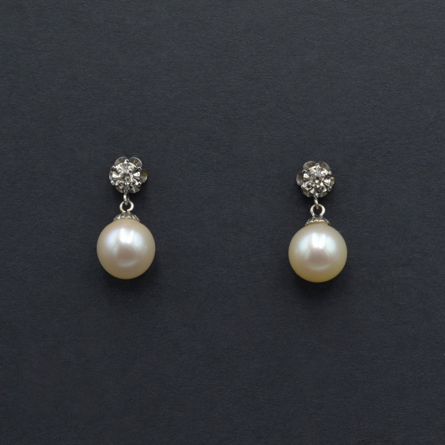 Vintage Pearl, Diamond and 14k White Gold Earrings