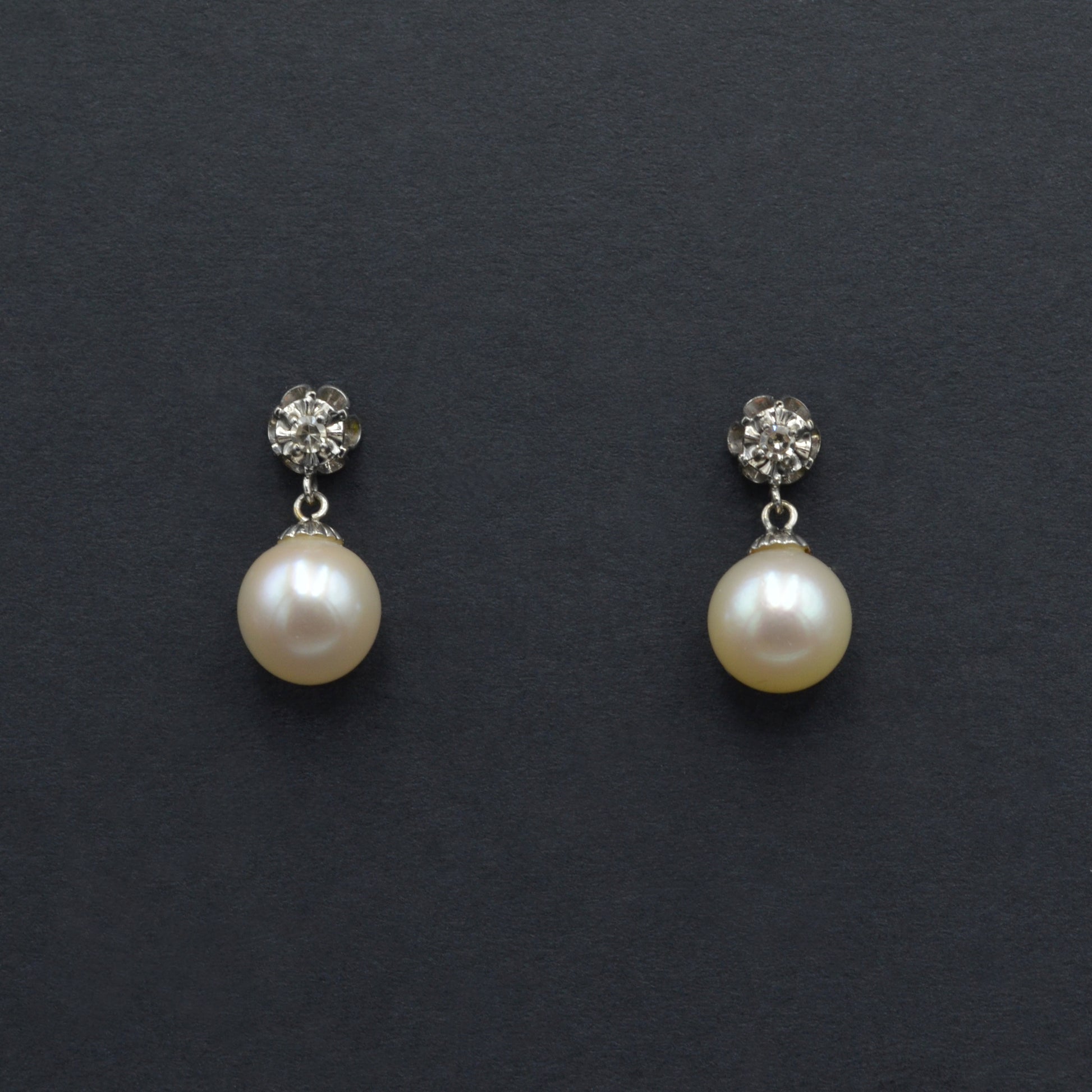 Vintage Pearl, Diamond and 14k White Gold Earrings