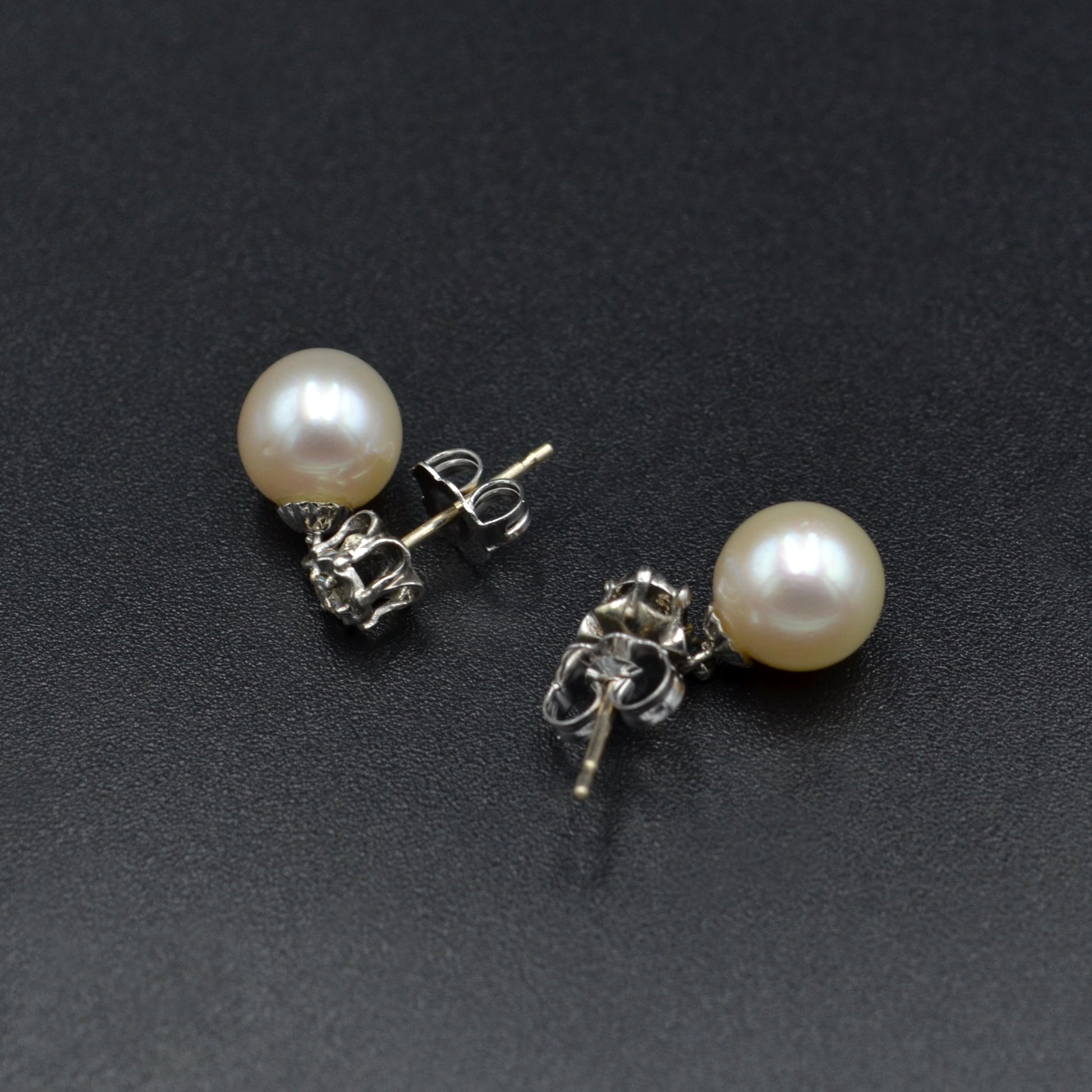 Vintage Pearl, Diamond and 14k White Gold Earrings