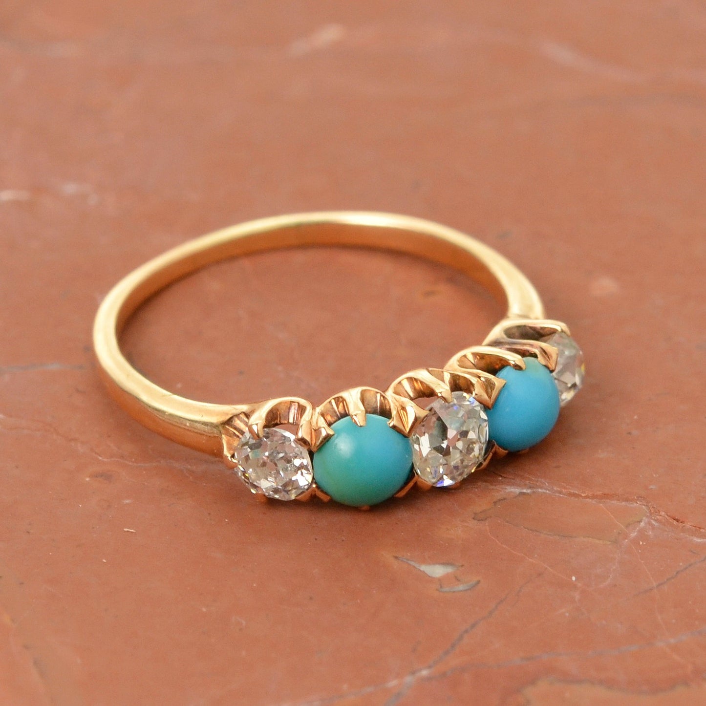 Antique Turquoise, Old European Cut Diamond and 14k Gold Ring
