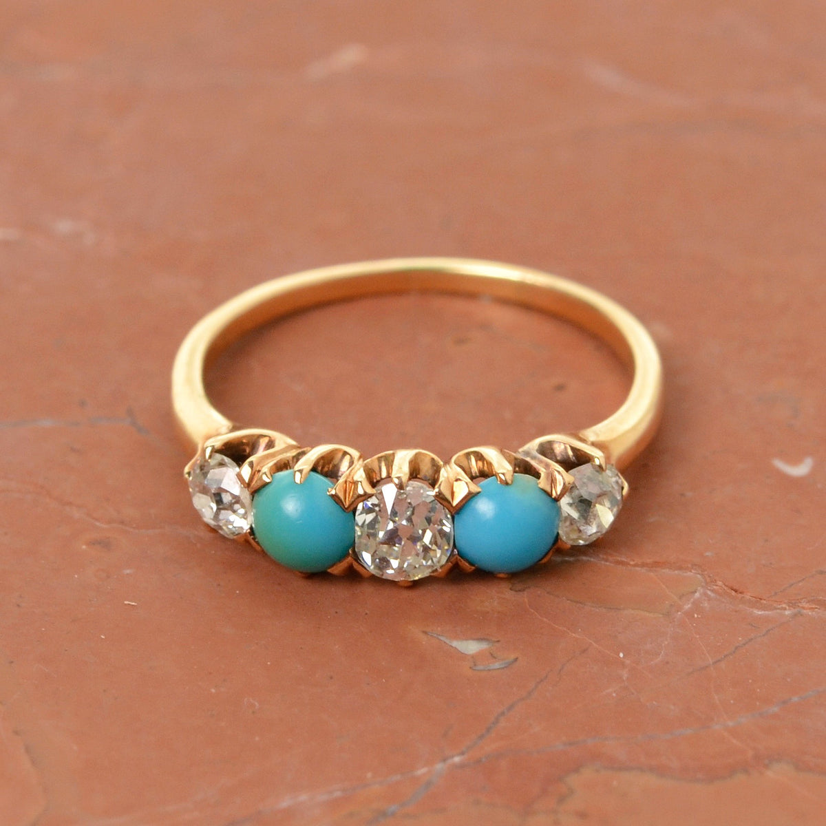 Antique Turquoise, Old European Cut Diamond and 14k Gold Ring