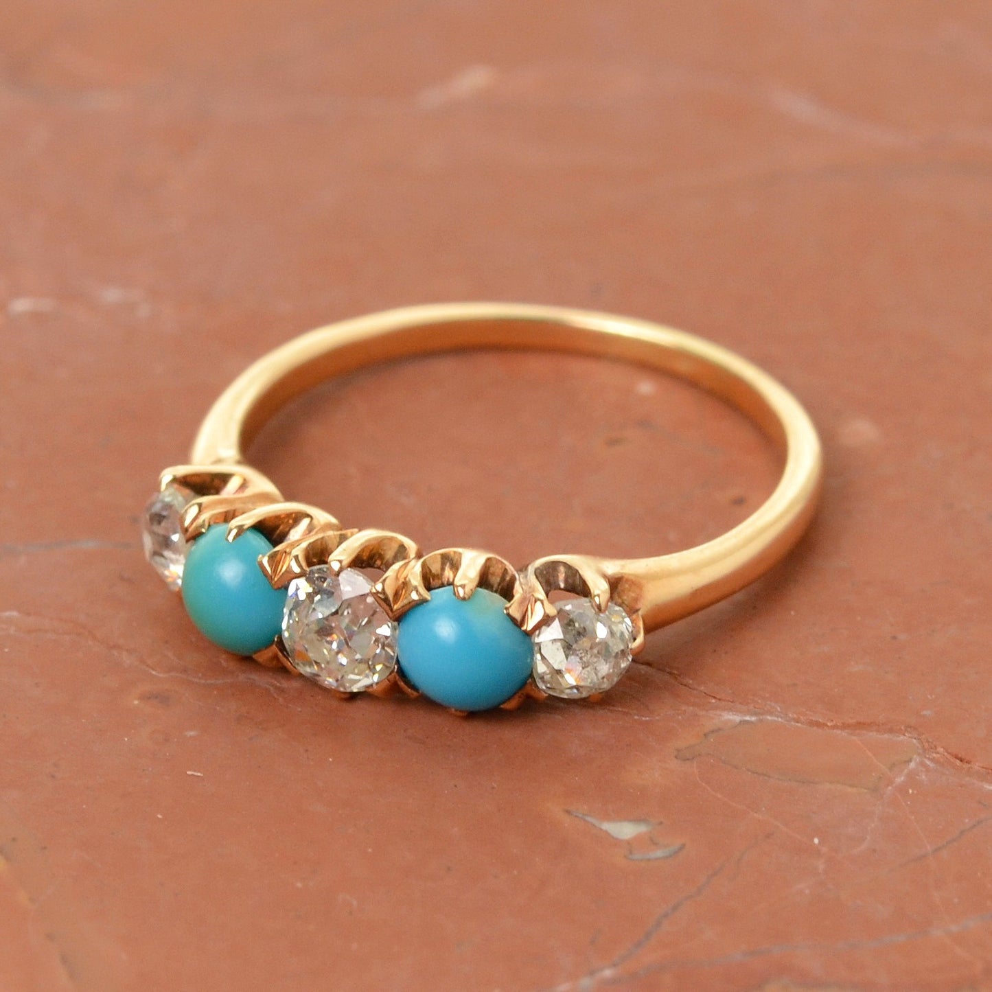 Antique Turquoise, Old European Cut Diamond and 14k Gold Ring