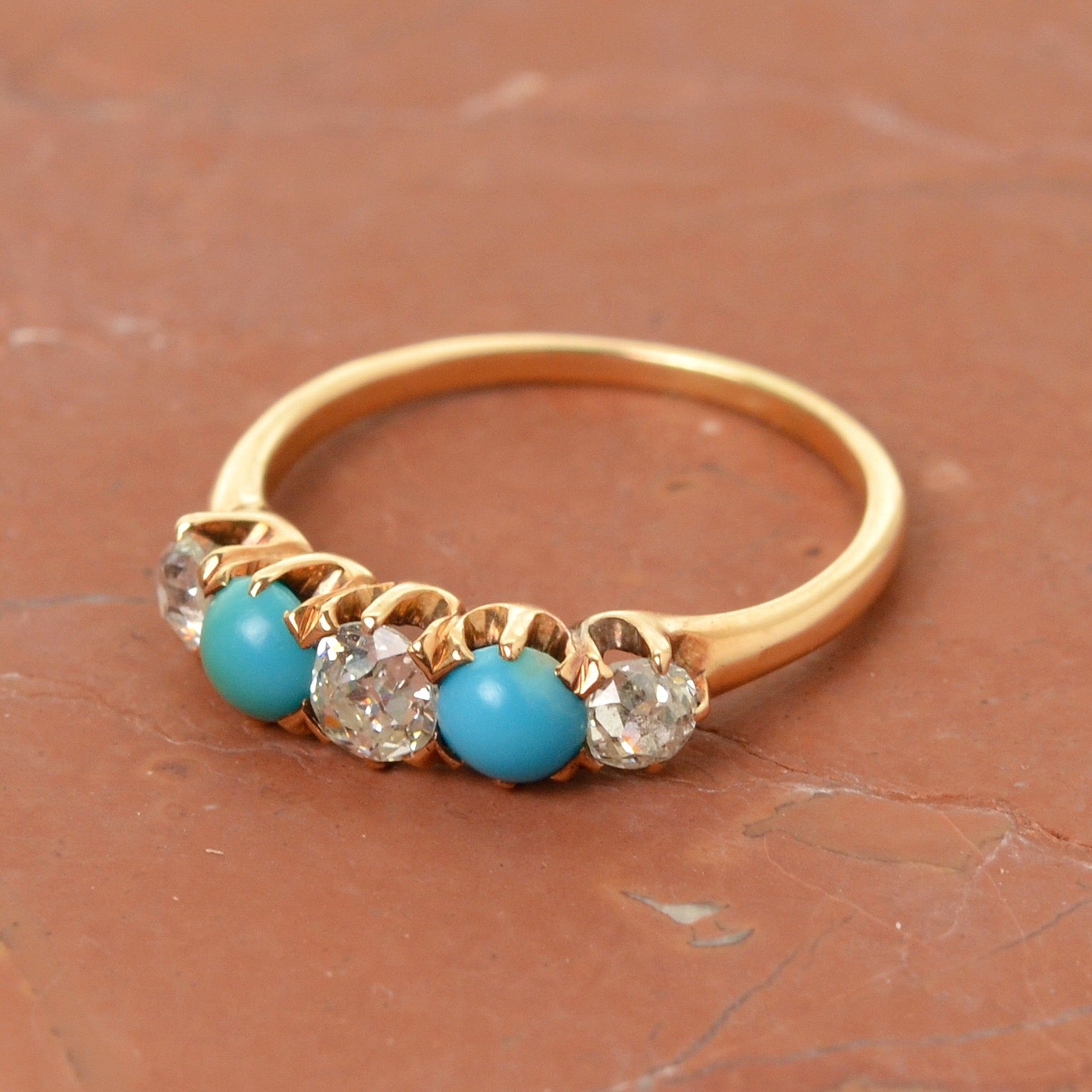 Antique Turquoise, Old European Cut Diamond and 14k Gold Ring