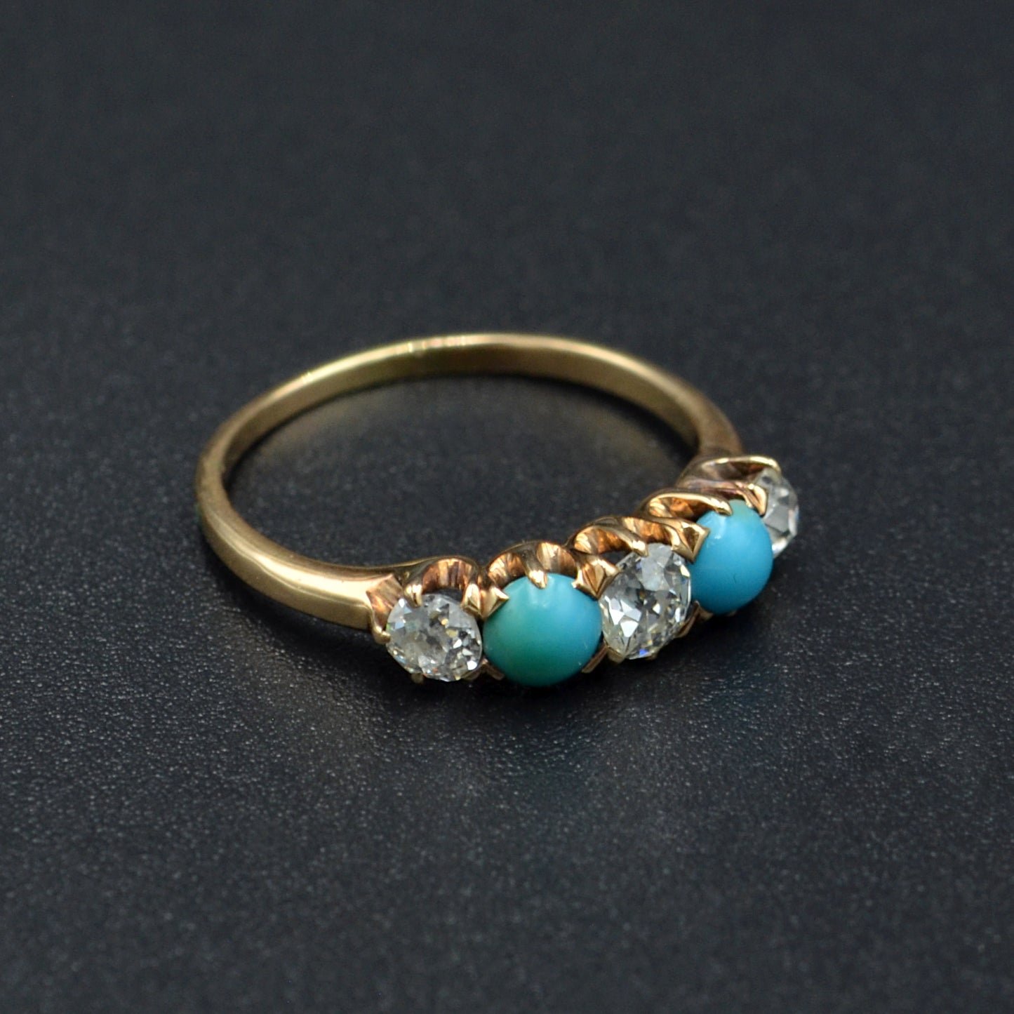 Antique Turquoise, Old European Cut Diamond and 14k Gold Ring