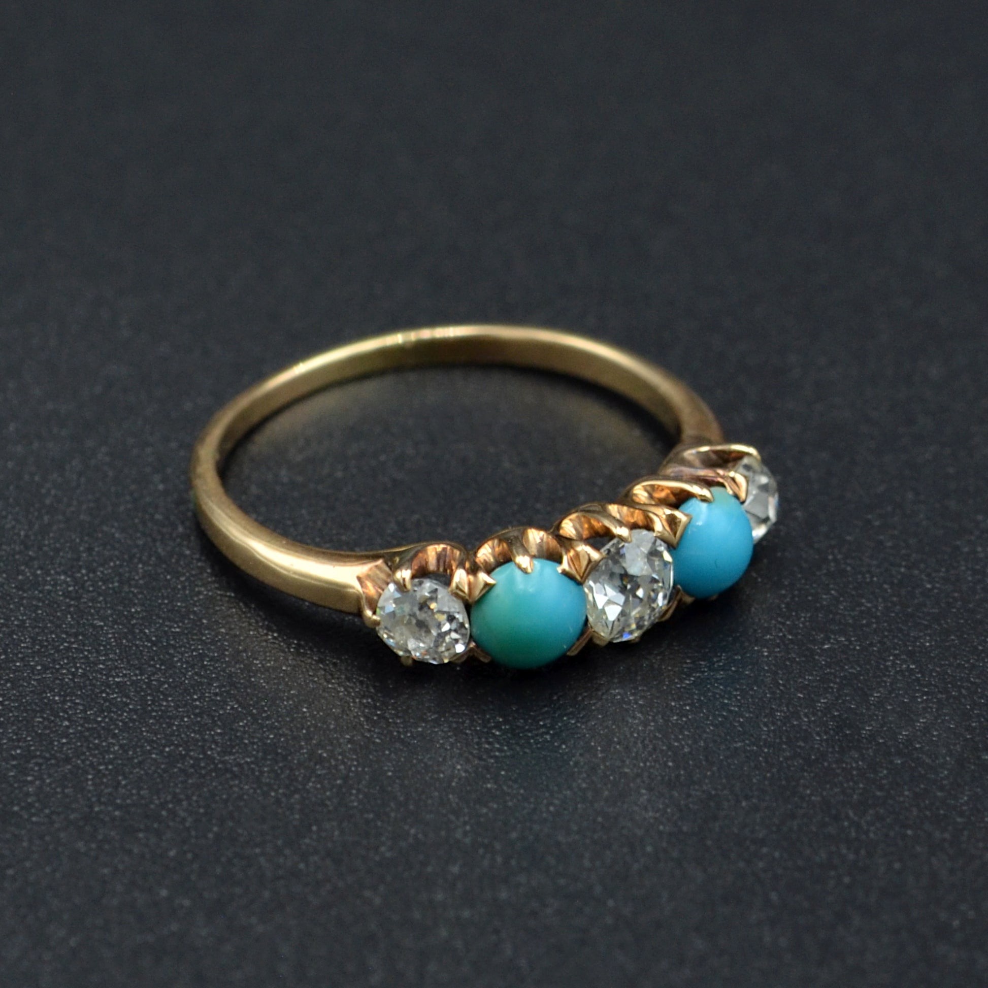 Antique Turquoise, Old European Cut Diamond and 14k Gold Ring