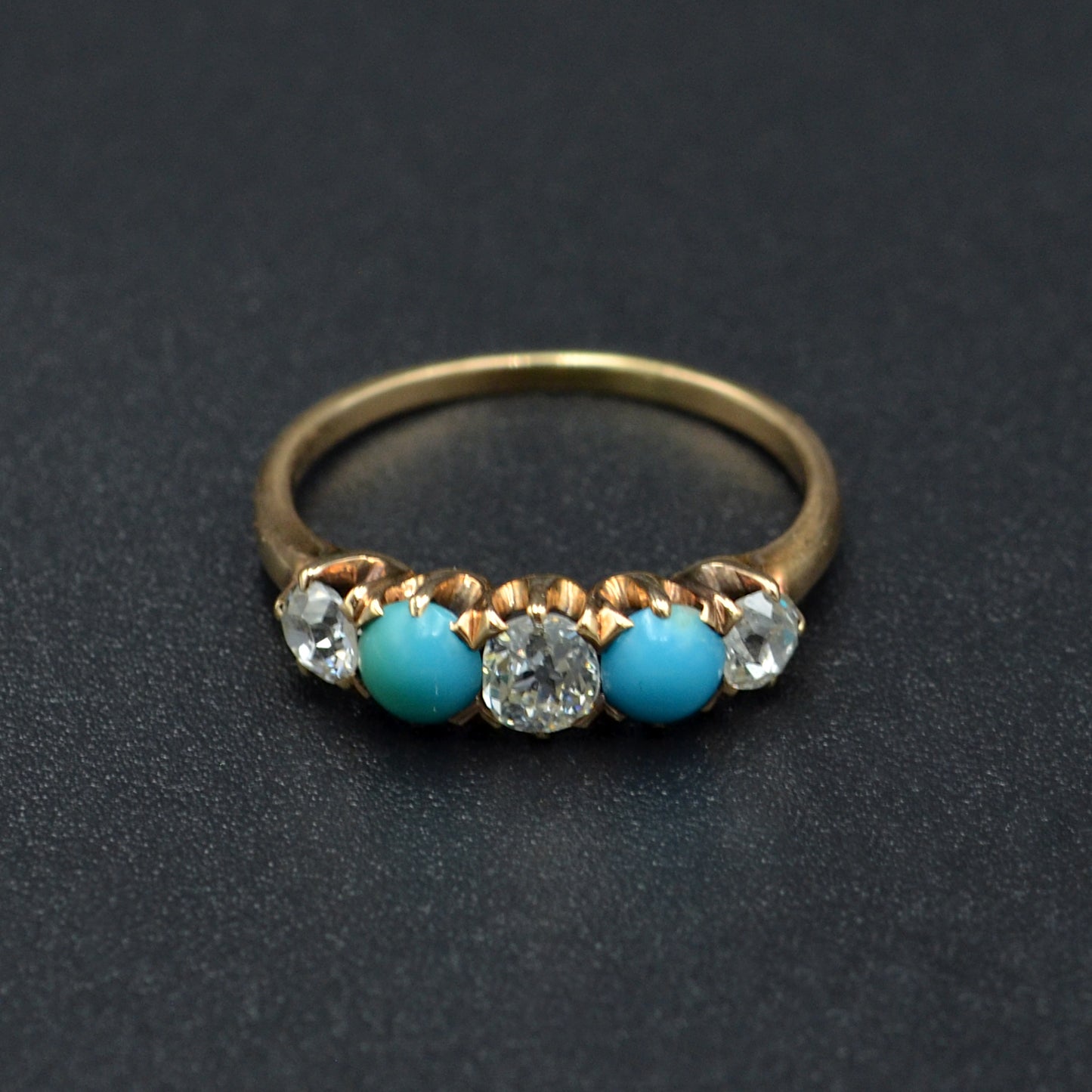 Antique Turquoise, Old European Cut Diamond and 14k Gold Ring