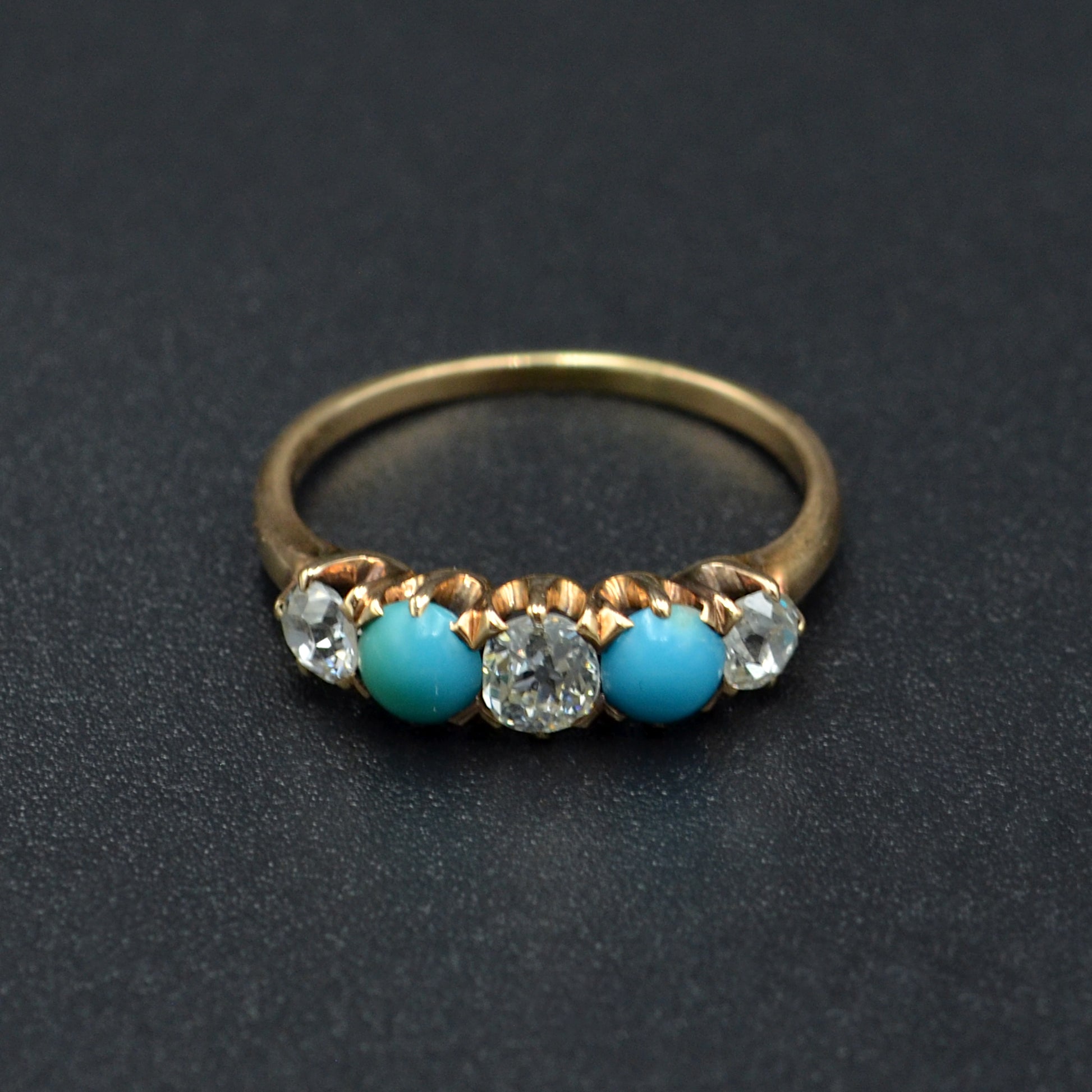 Antique Turquoise, Old European Cut Diamond and 14k Gold Ring