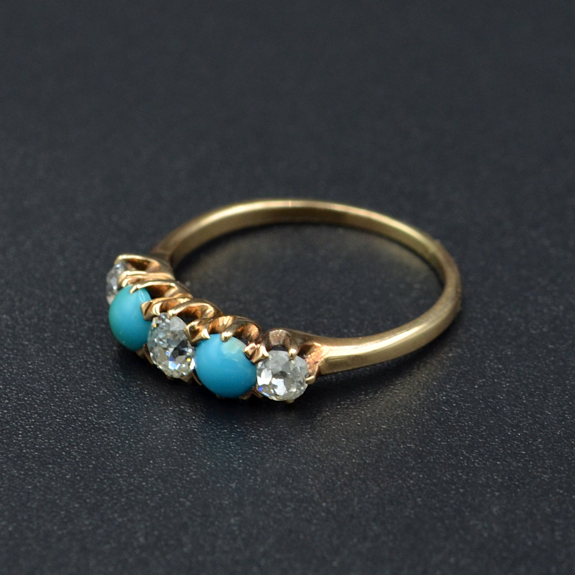 Antique Turquoise, Old European Cut Diamond and 14k Gold Ring