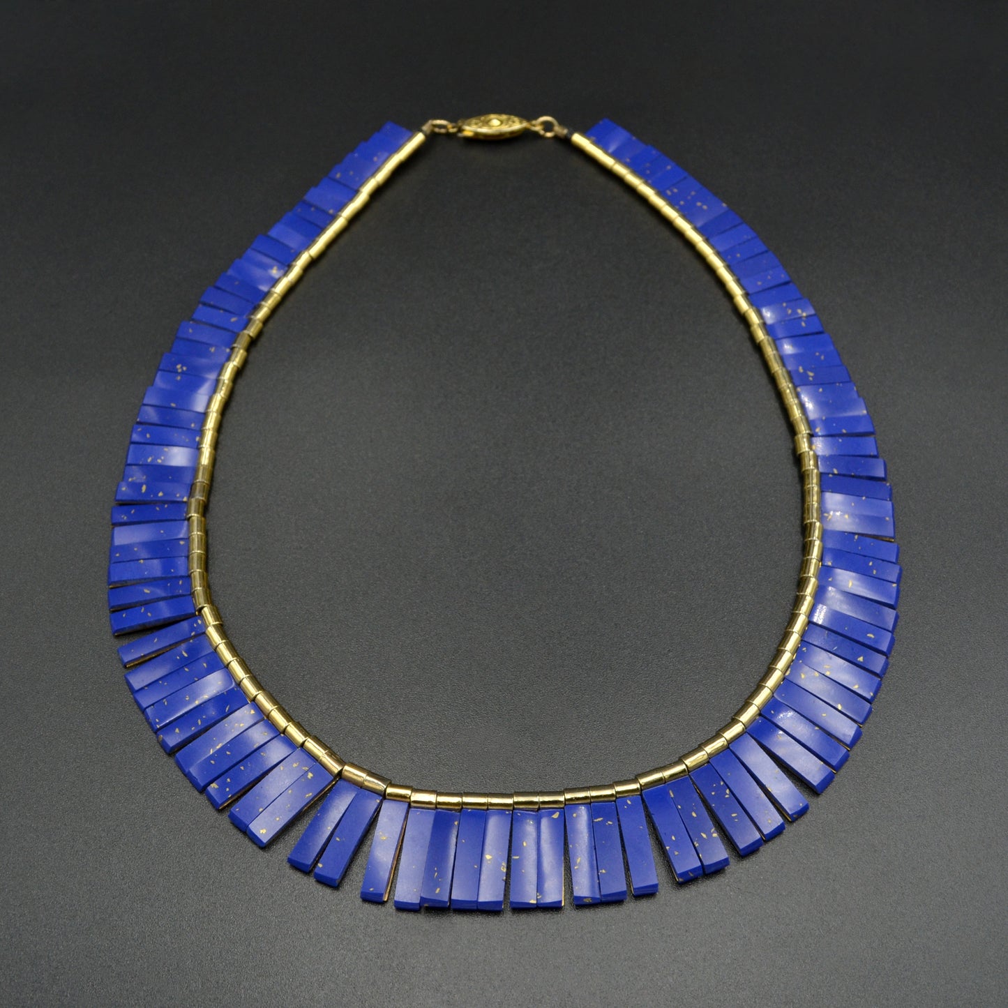 Vintage Faux-Lapis Reversible Collar Cleopatra Fringe Necklace
