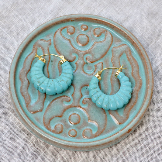 Vintage Chunky “Turquoise” Resin and 14k Gold Hoop Earrings