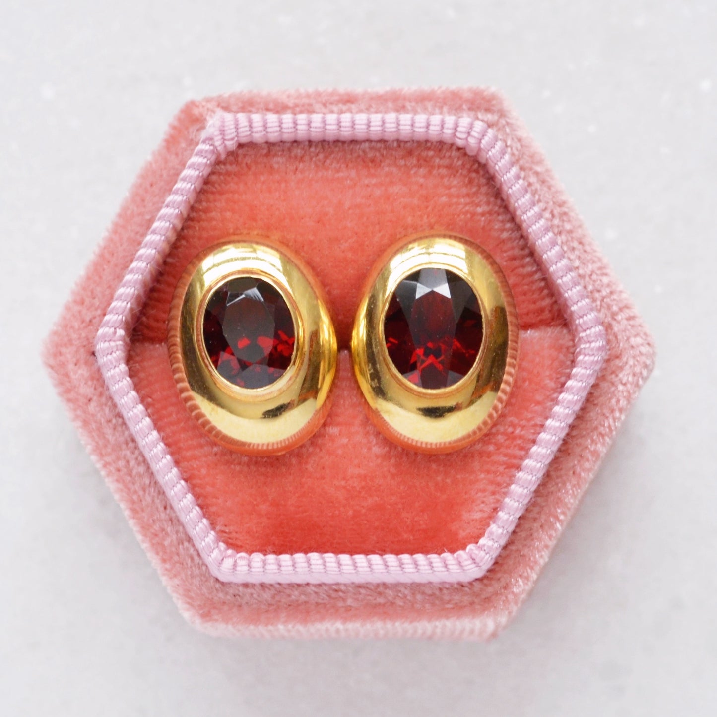 Vintage Wide Bezel Set Garnet And 14k Gold Earrings