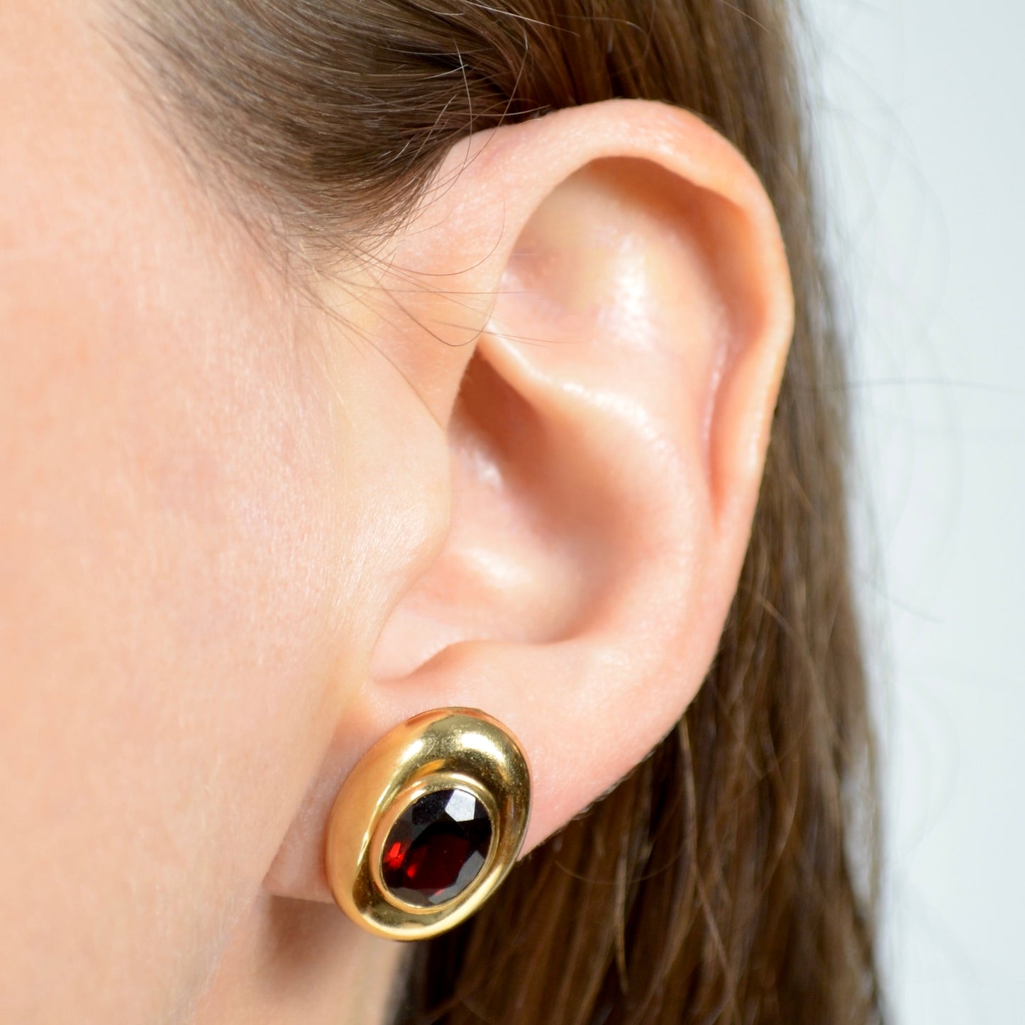 Vintage Wide Bezel Set Garnet And 14k Gold Earrings