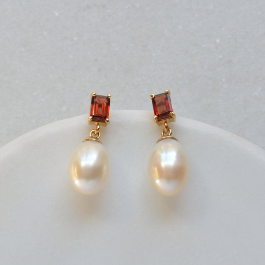 Vintage Garnet, Pearl and 14k Gold Drop Earrings