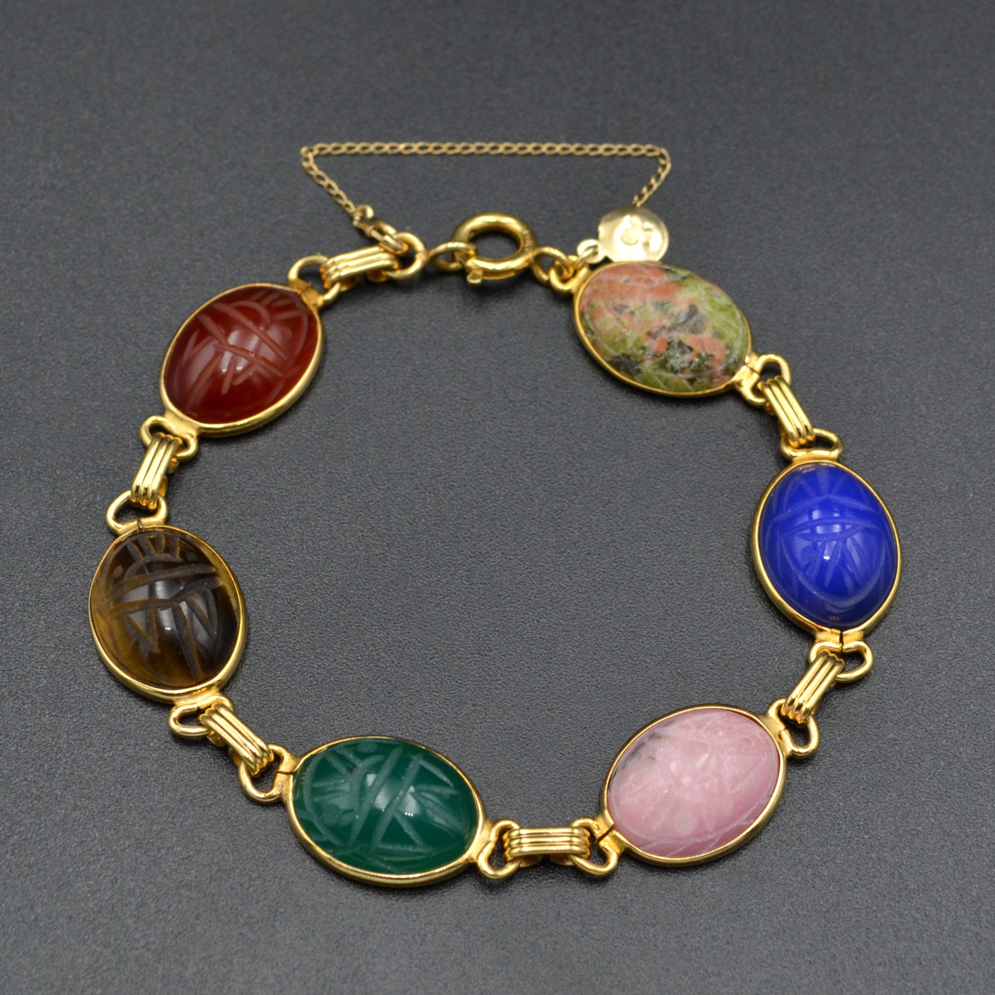 Vintage Gemstone and 14k Gold Egyptian Revival Scarab Bracelet