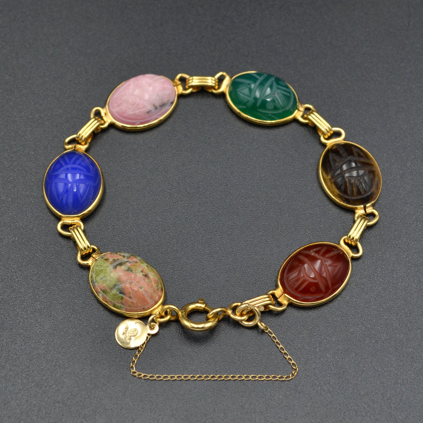 Vintage Gemstone and 14k Gold Egyptian Revival Scarab Bracelet