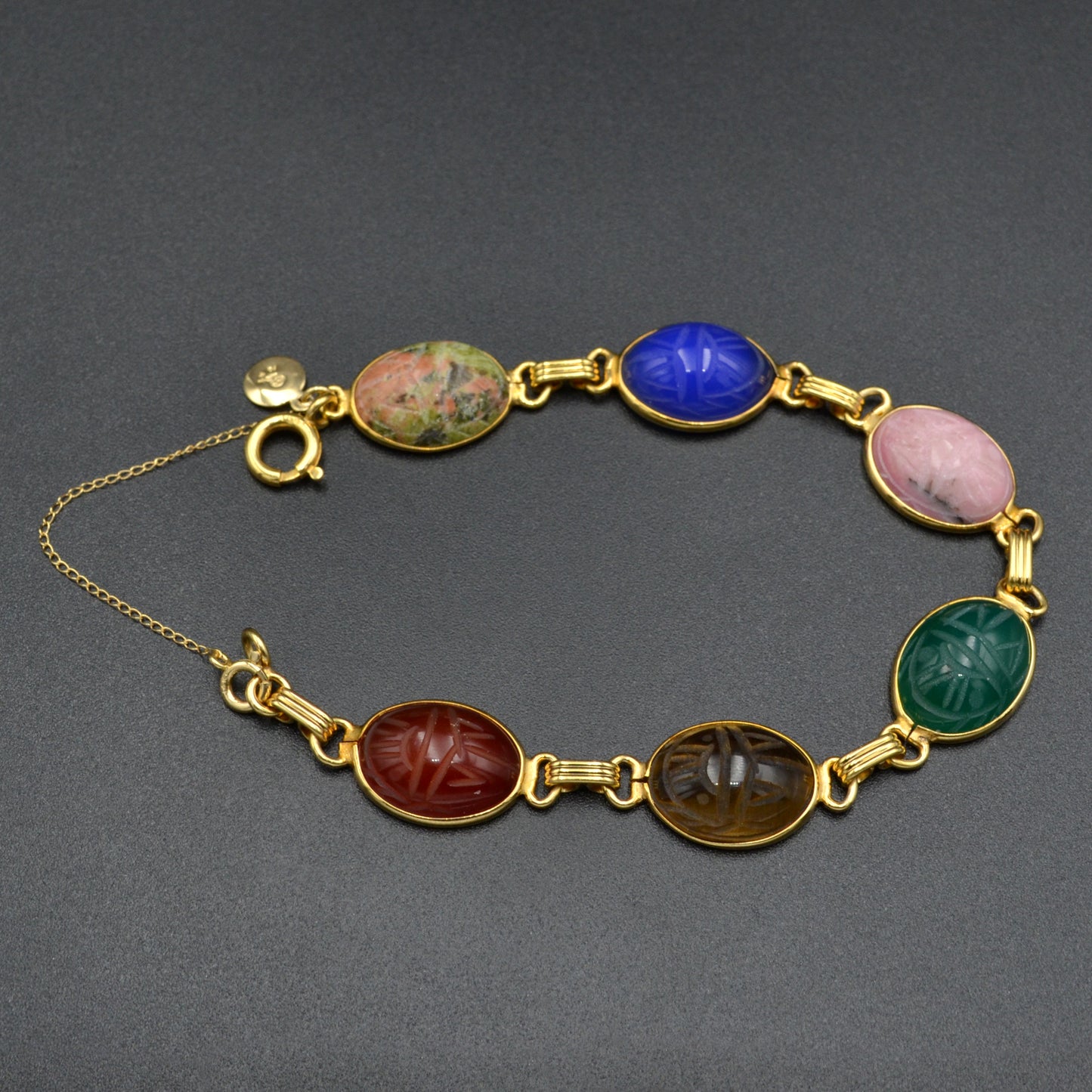 Vintage Gemstone and 14k Gold Egyptian Revival Scarab Bracelet