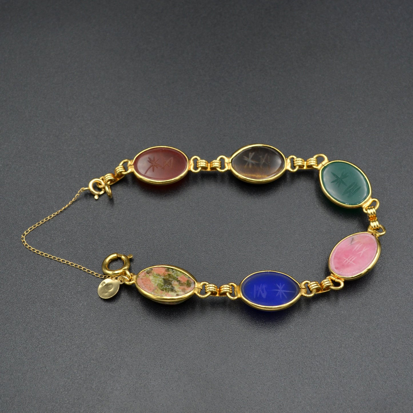 Vintage Gemstone and 14k Gold Egyptian Revival Scarab Bracelet