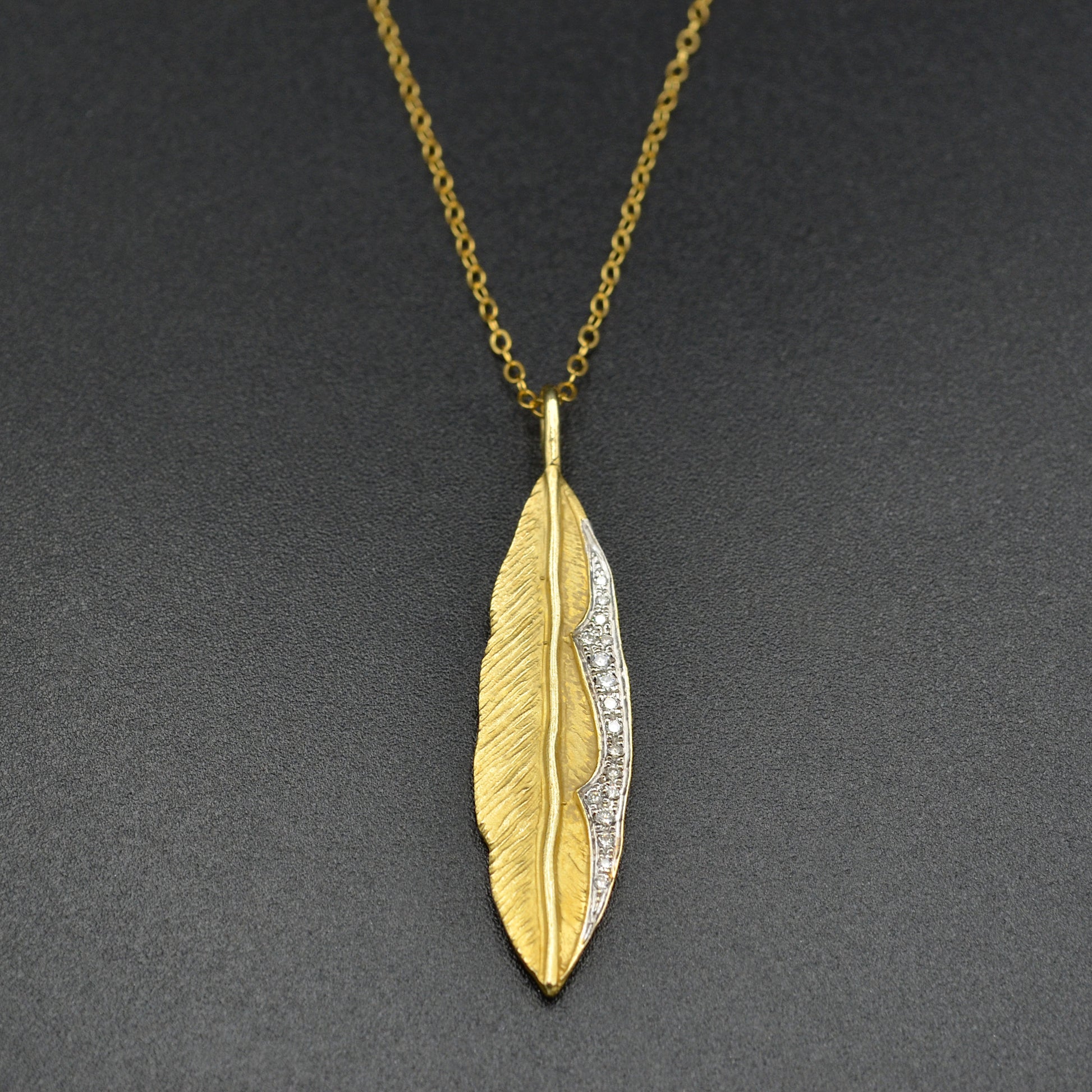 I. Reiss 14k Gold and Diamond Feather Pendant Necklace