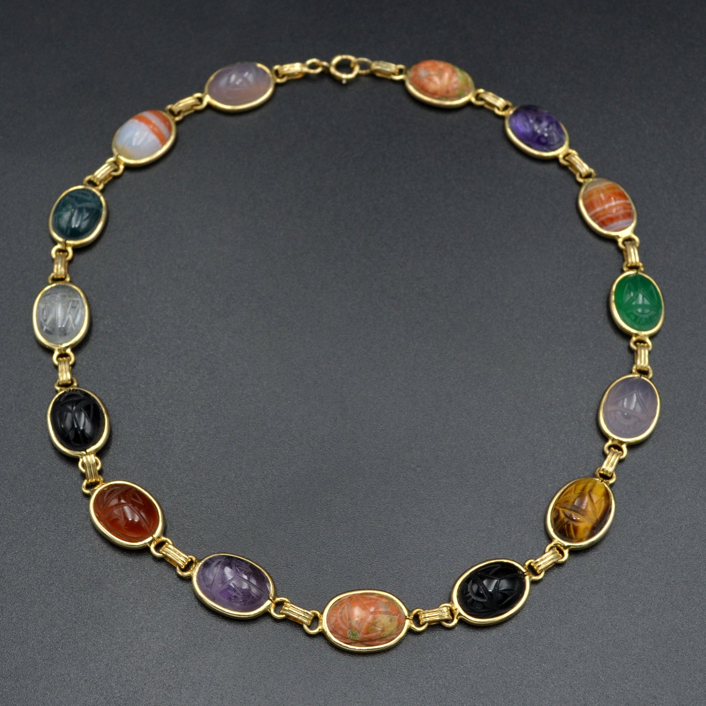 Vintage Egyptian Revival Gemstone Scarab and Gold-Filled Necklace