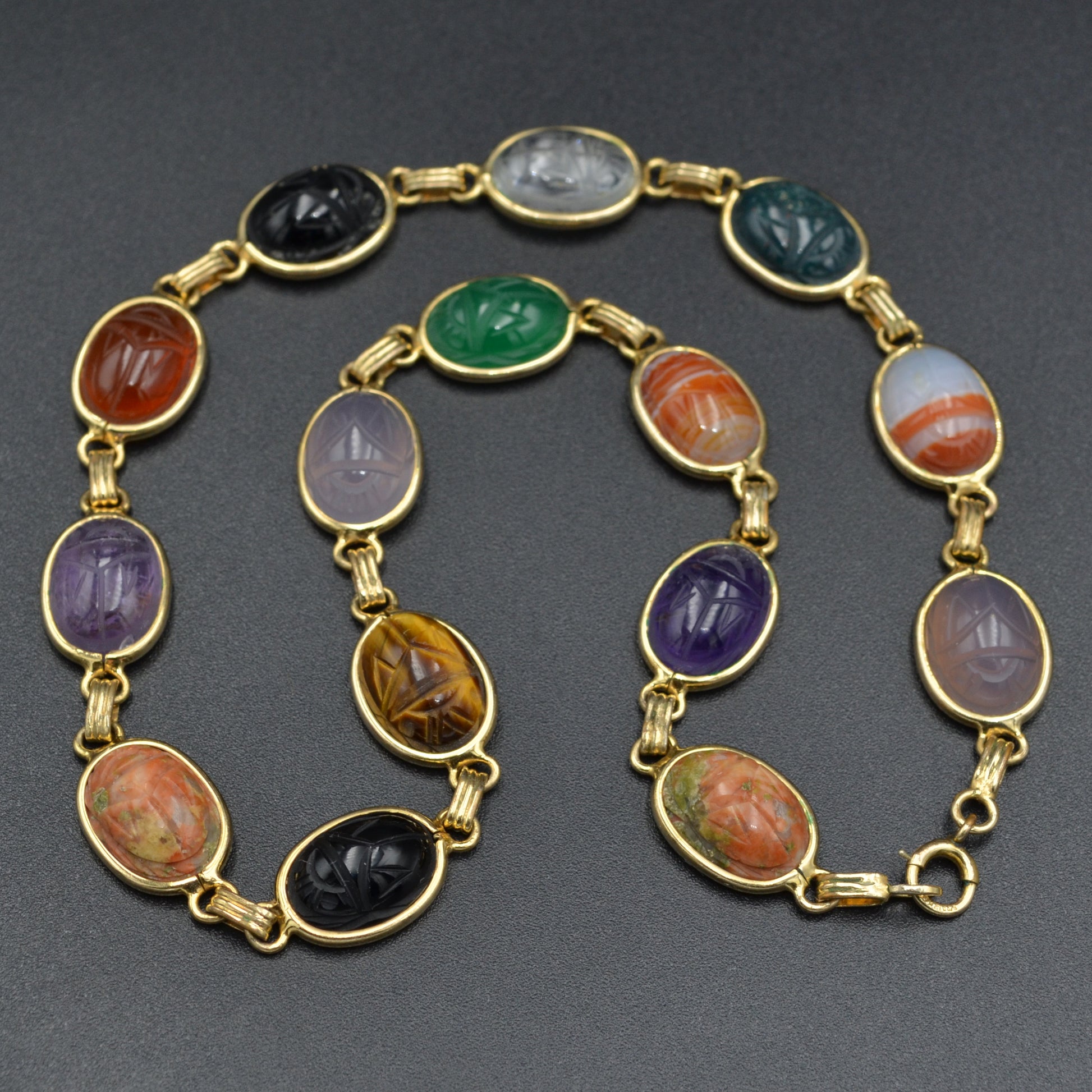 Vintage Egyptian Revival Gemstone Scarab and Gold-Filled Necklace