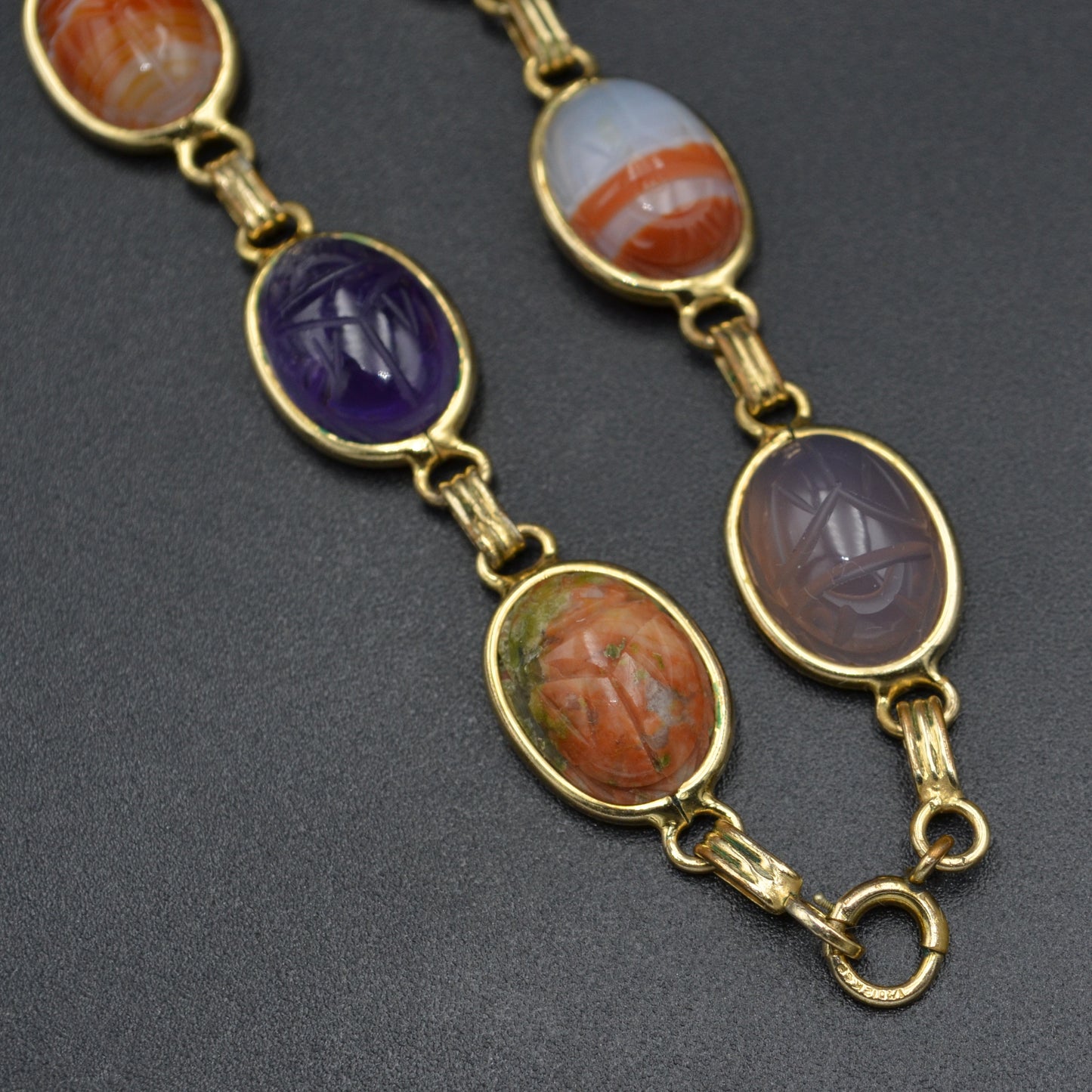 Vintage Egyptian Revival Gemstone Scarab and Gold-Filled Necklace