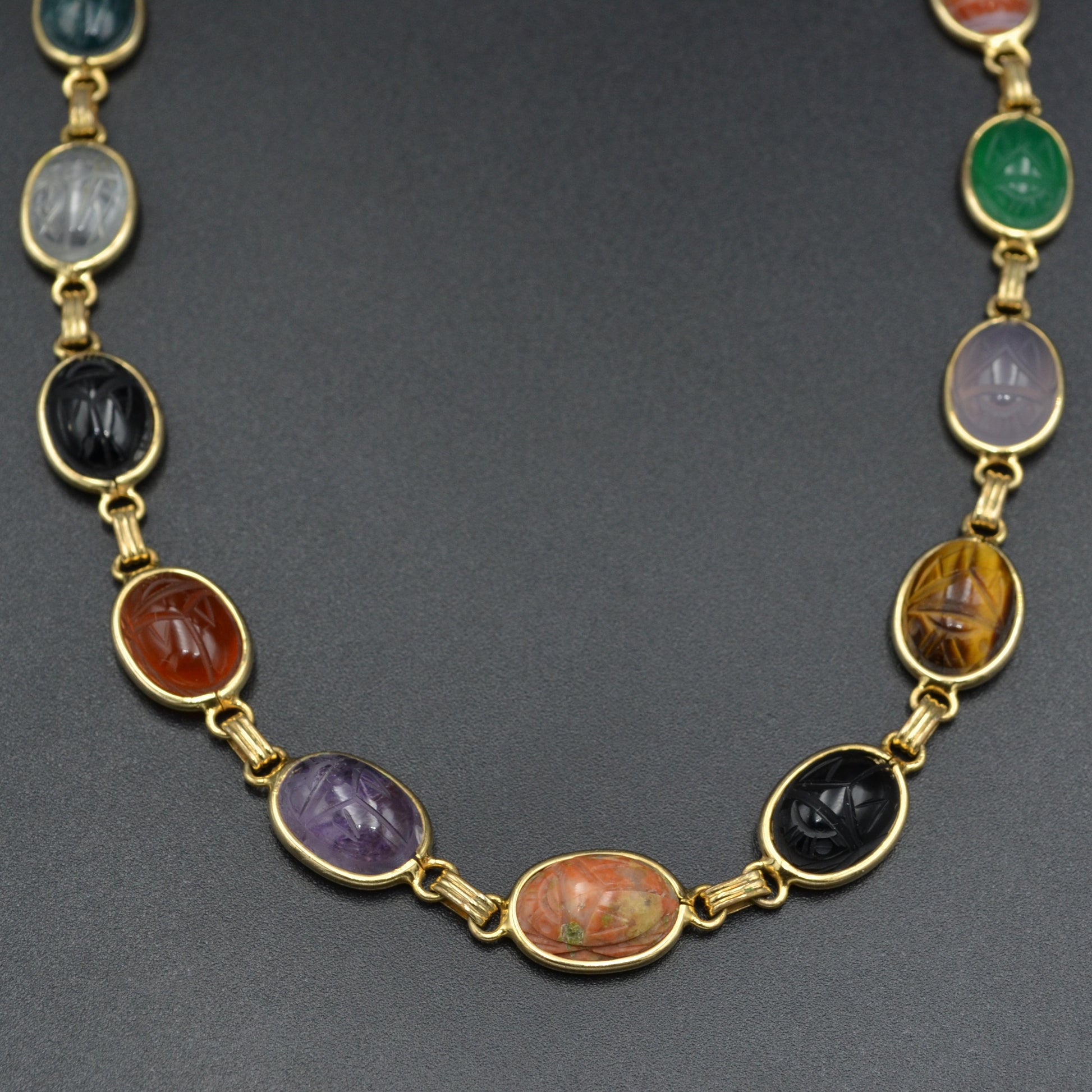 Vintage Egyptian Revival Gemstone Scarab and Gold-Filled Necklace