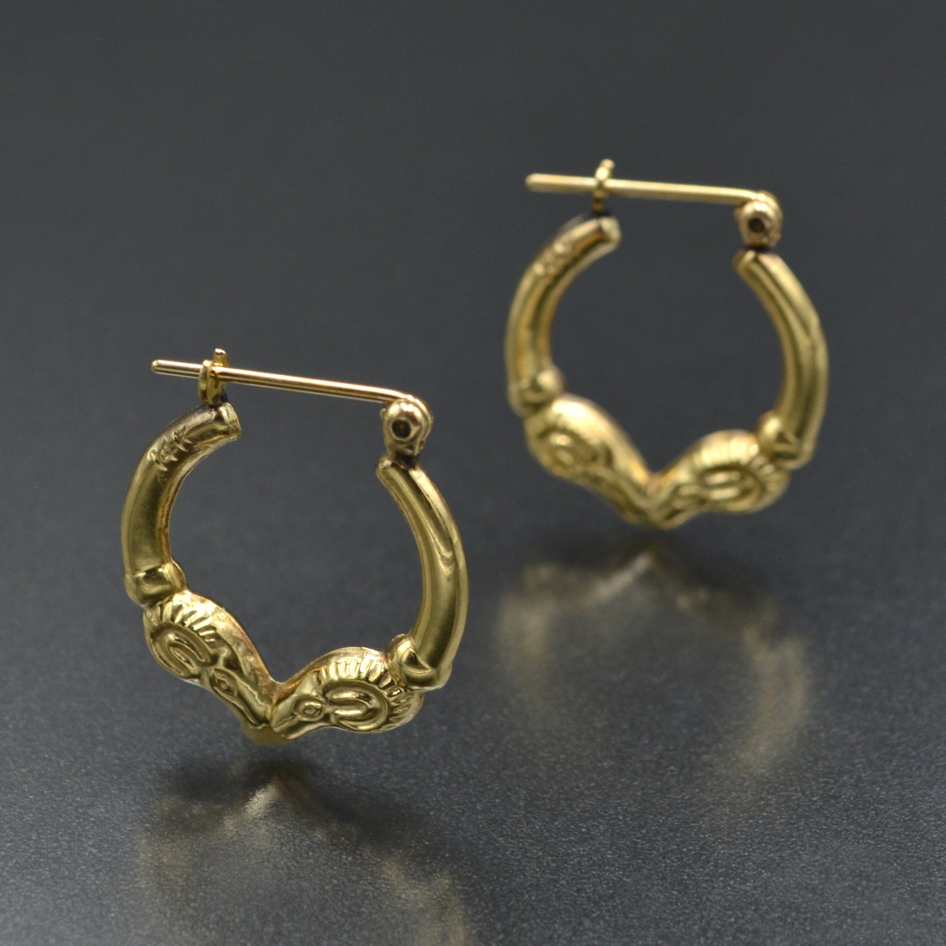 Vintage 14k Gold Rams Head Hoop Earrings