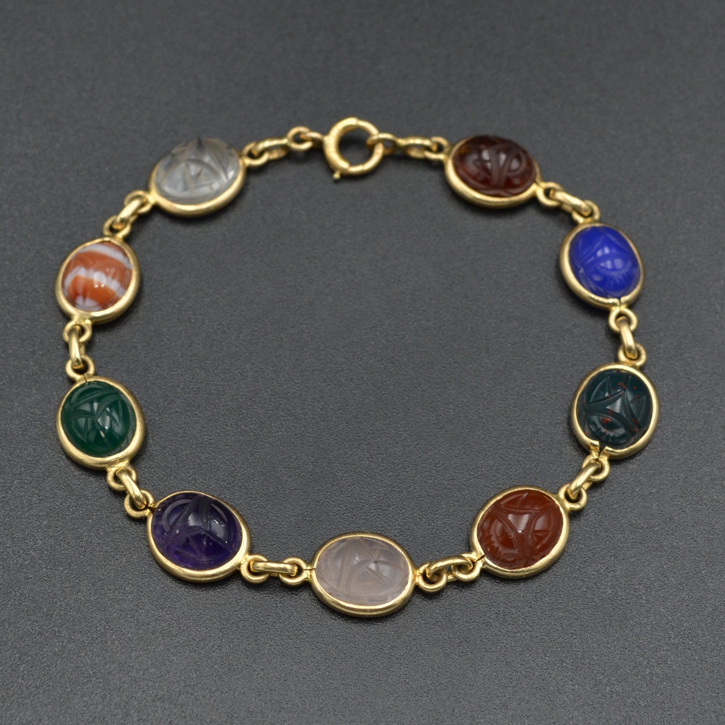 Vintage Egyptian Revival Gemstone and 14k Gold Scarab Bracelet