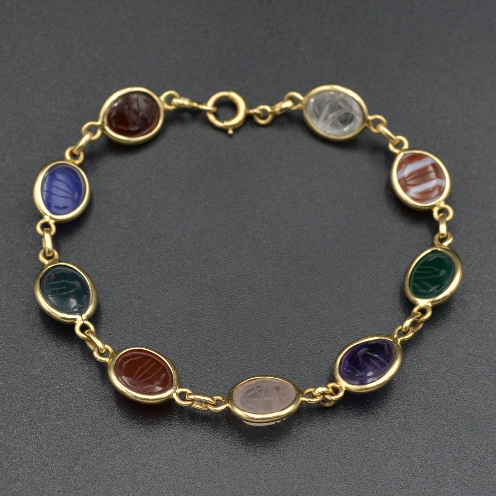 Vintage Egyptian Revival Gemstone and 14k Gold Scarab Bracelet