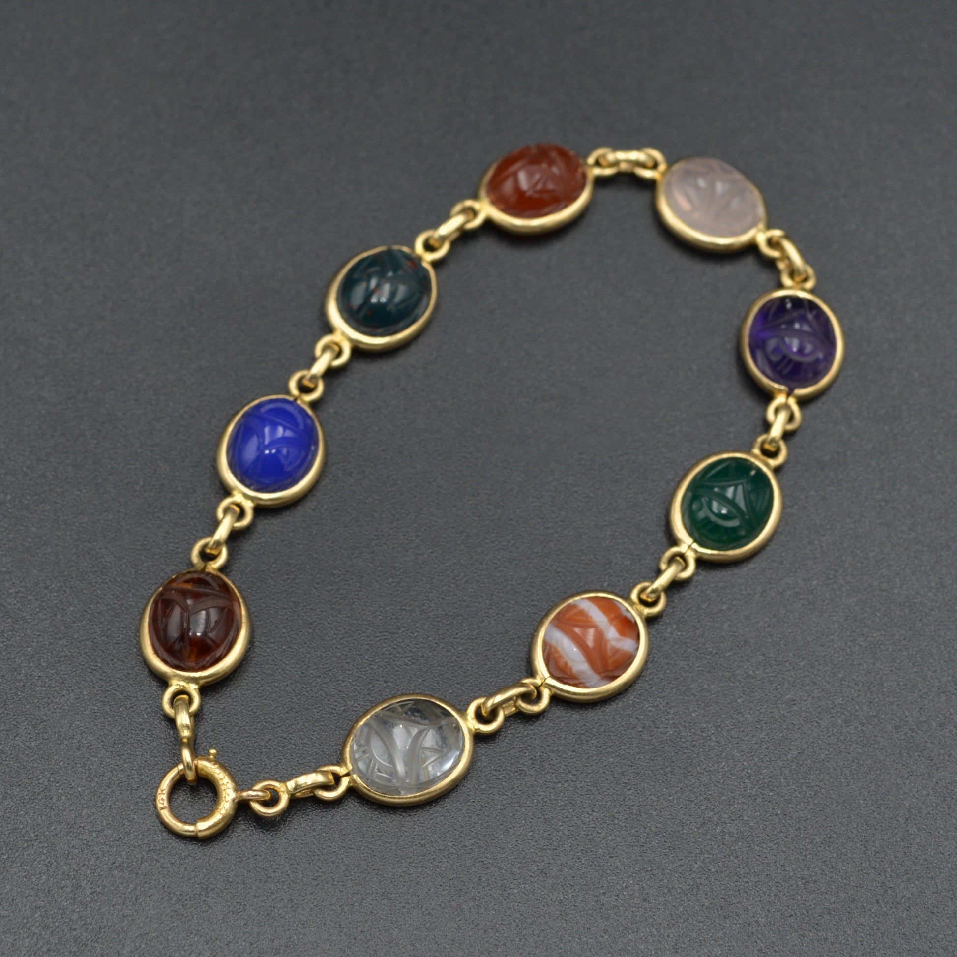 Vintage Egyptian Revival Gemstone and 14k Gold Scarab Bracelet