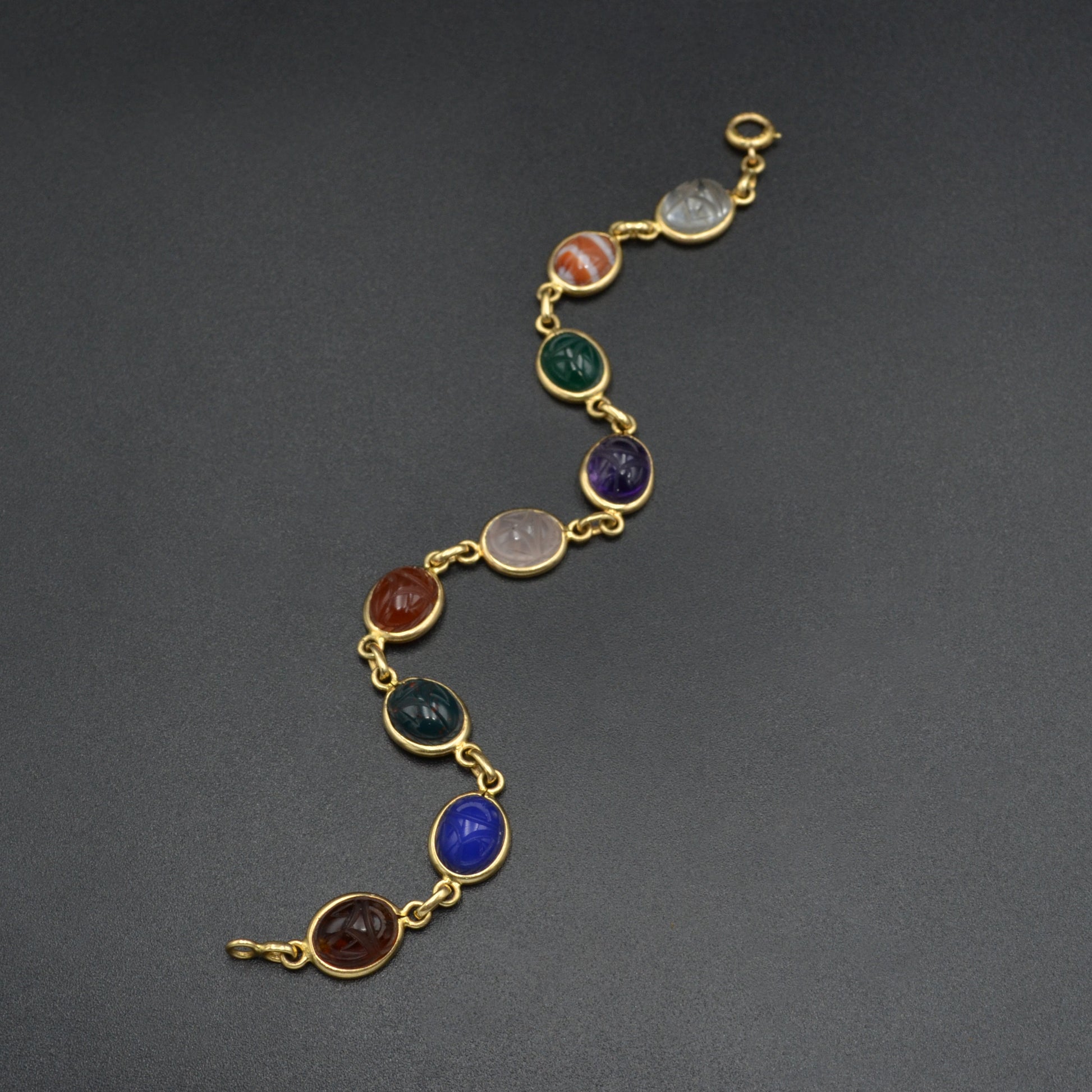 Vintage Egyptian Revival Gemstone and 14k Gold Scarab Bracelet