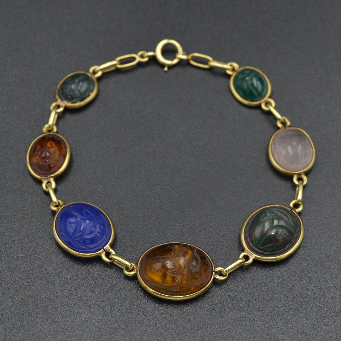 Vintage Egyptian Revival Gemstone and 14k Gold Scarab Bracelet