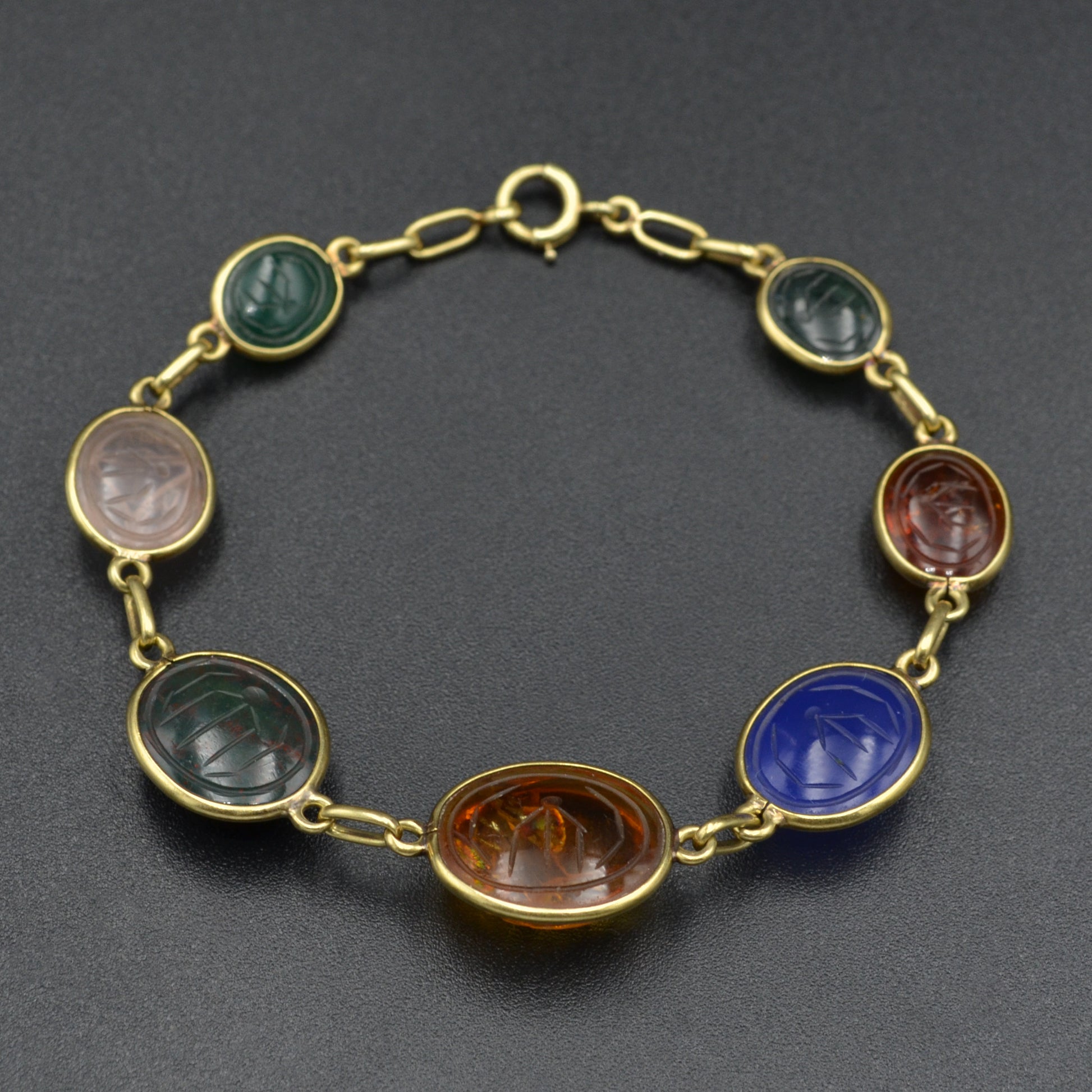 Vintage Egyptian Revival Gemstone and 14k Gold Scarab Bracelet