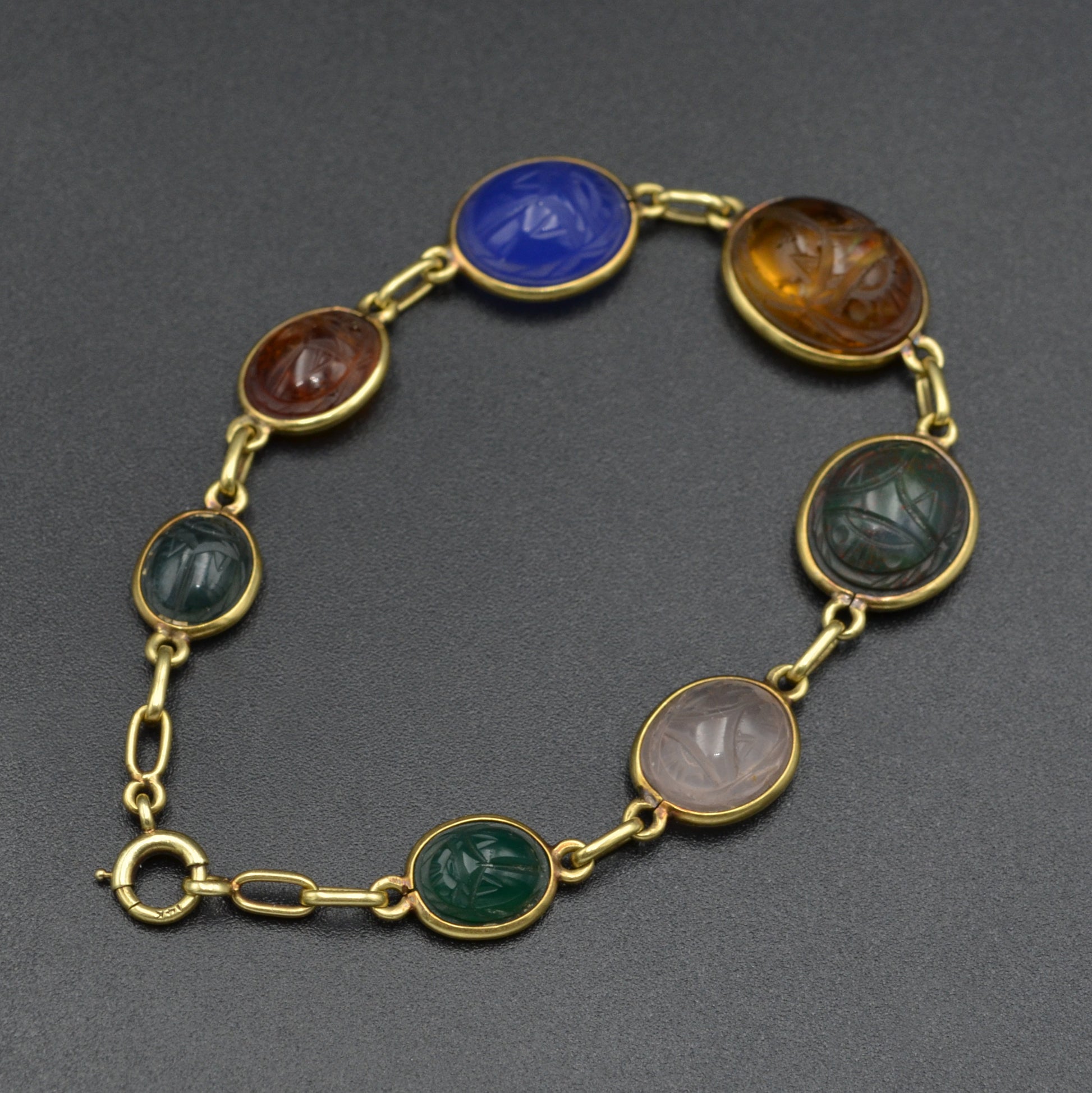 Vintage Egyptian Revival Gemstone and 14k Gold Scarab Bracelet