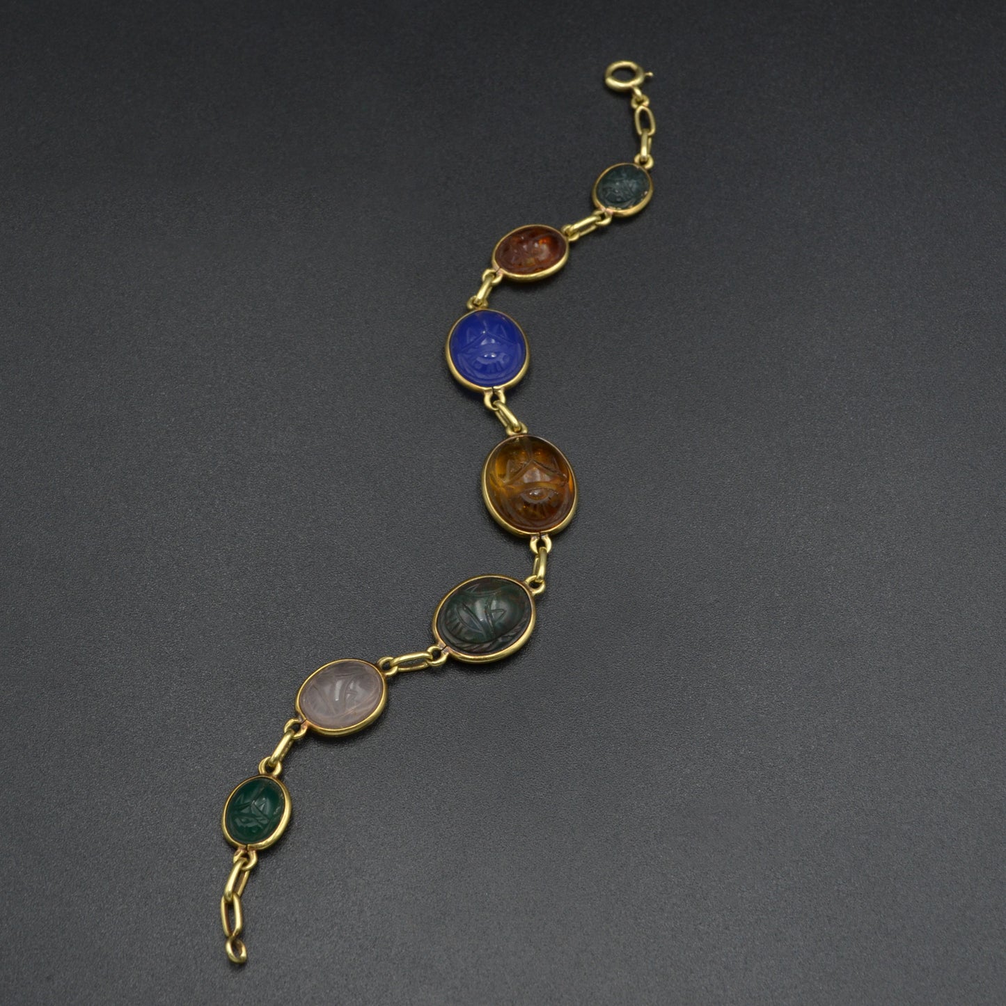 Vintage Egyptian Revival Gemstone and 14k Gold Scarab Bracelet