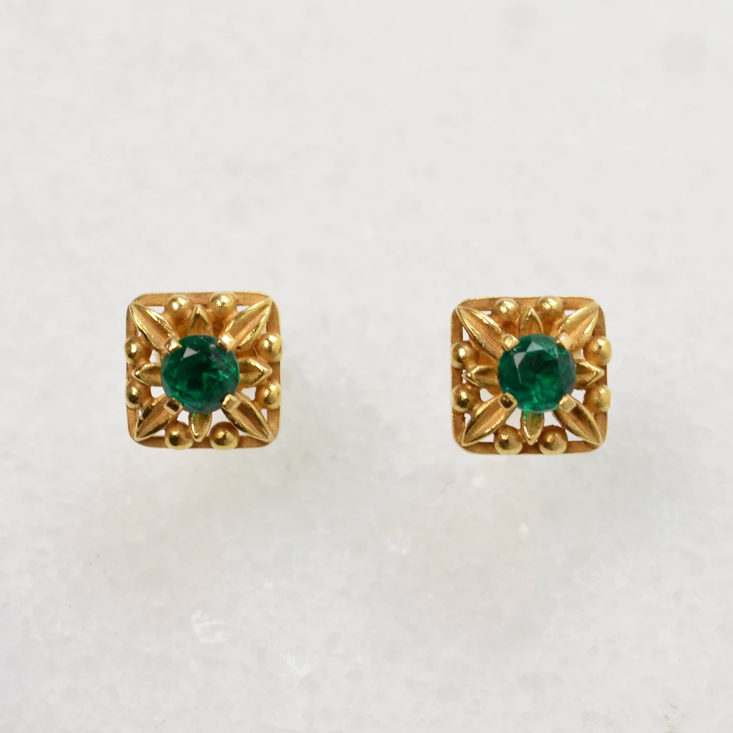 Gold and Green Glass Post Earrings