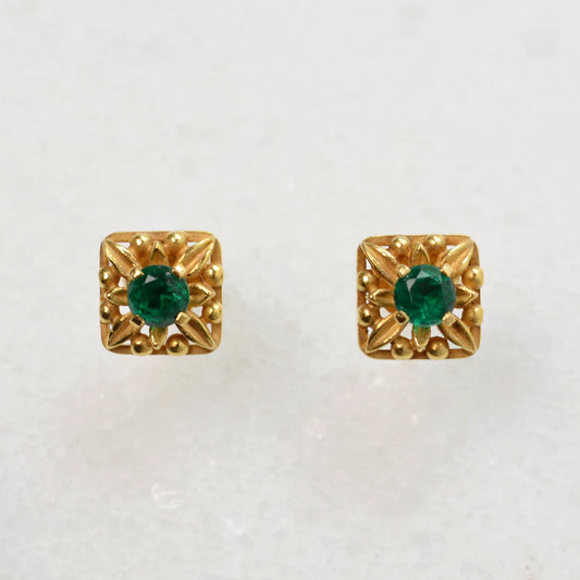 Gold and Green Glass Post Earrings